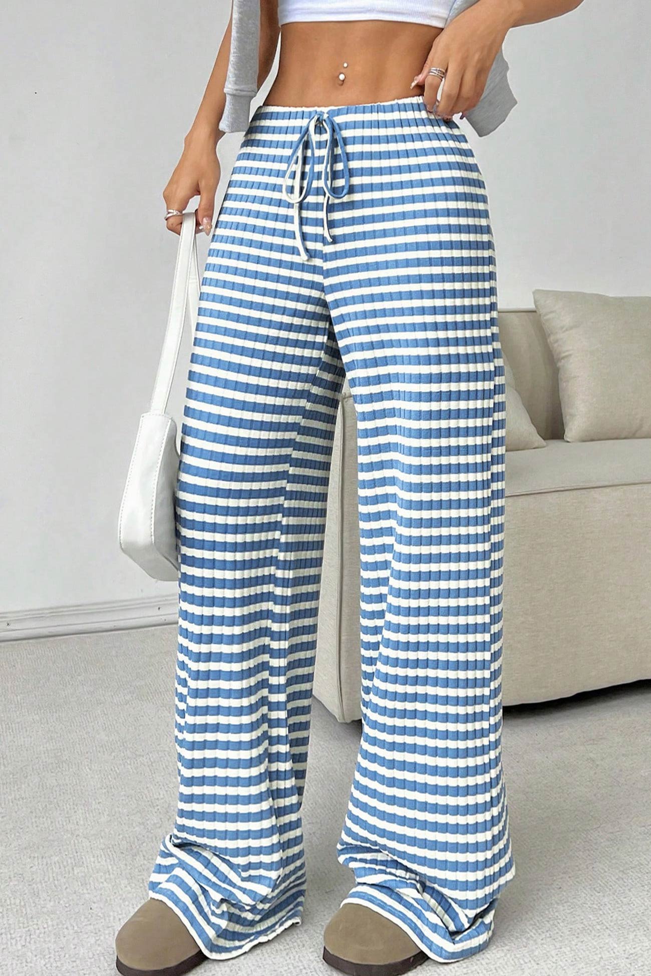 Striped Drawstring Waist Cotton Long Pants