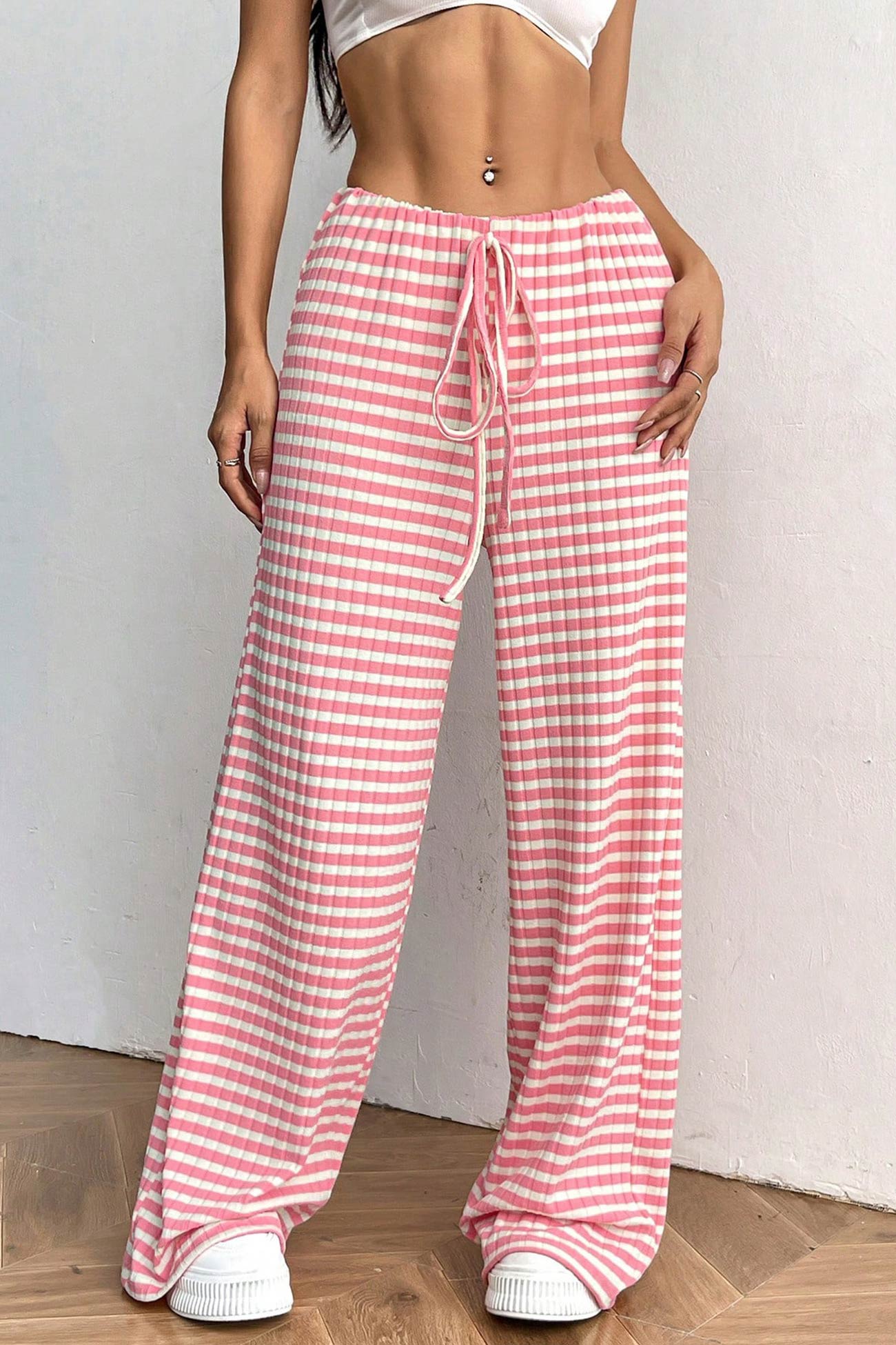 Striped Drawstring Waist Cotton Long Pants