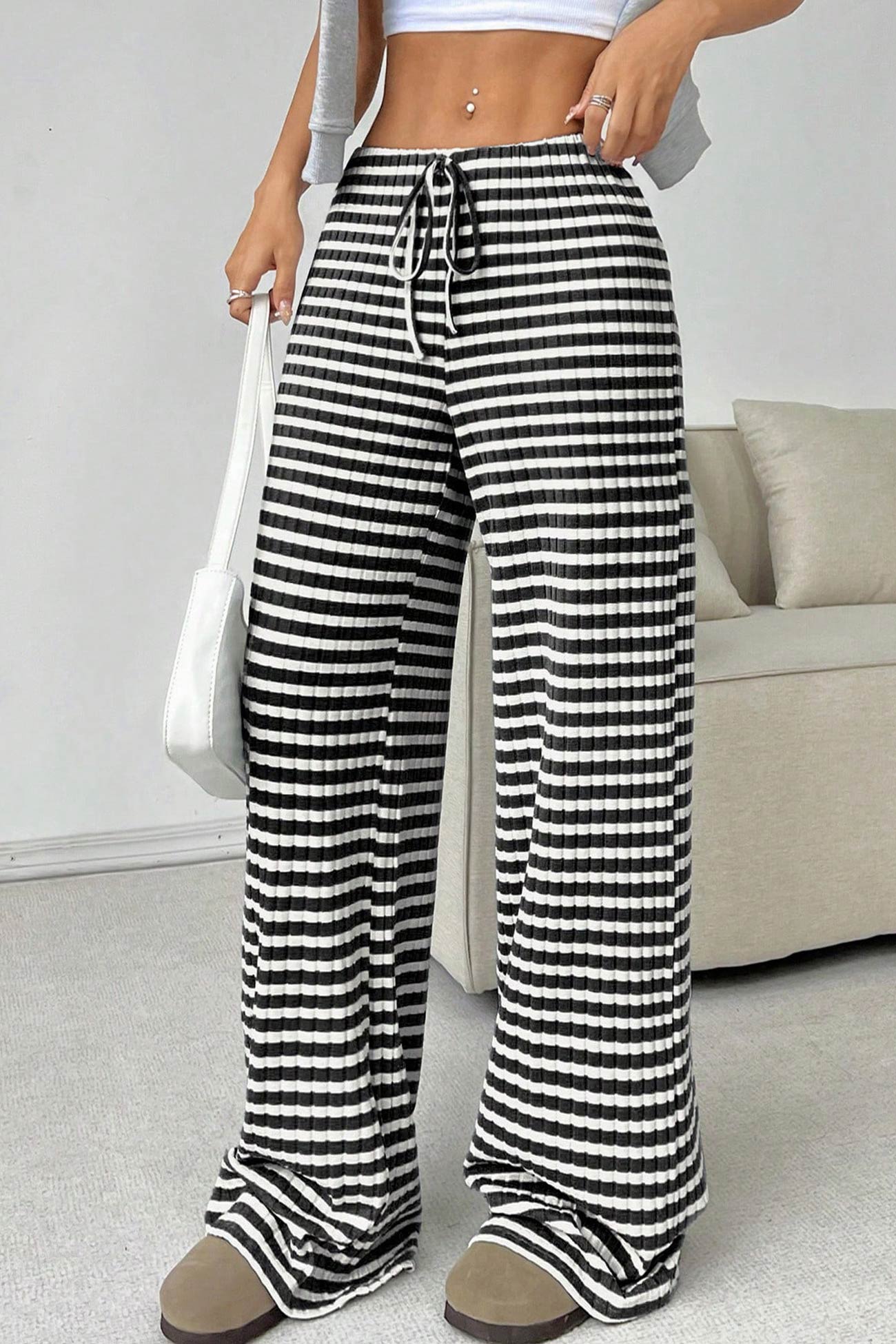 Striped Drawstring Waist Cotton Long Pants