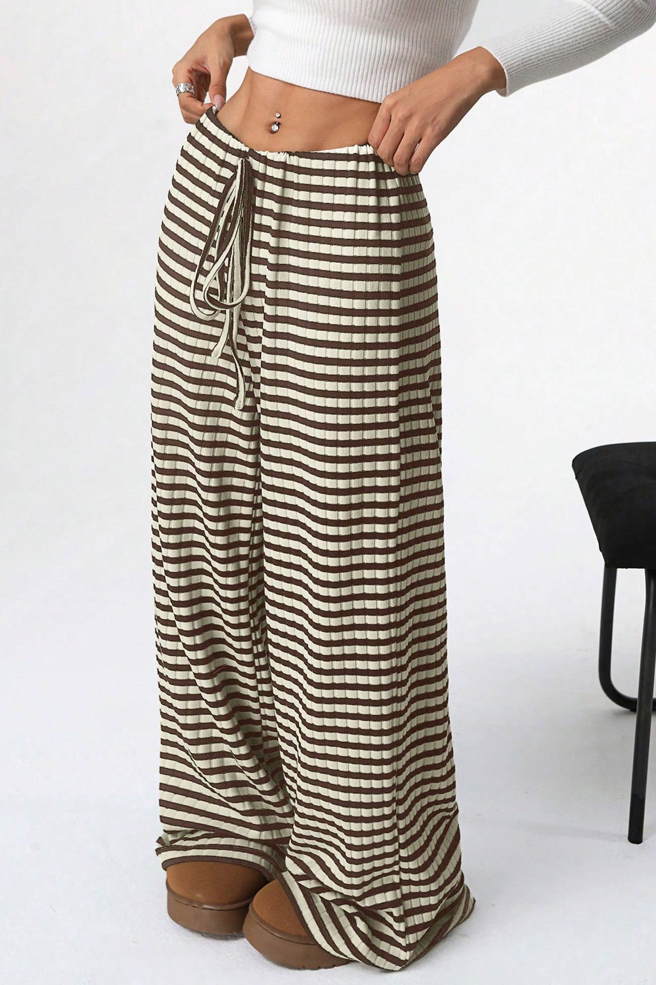 Striped Drawstring Waist Cotton Long Pants