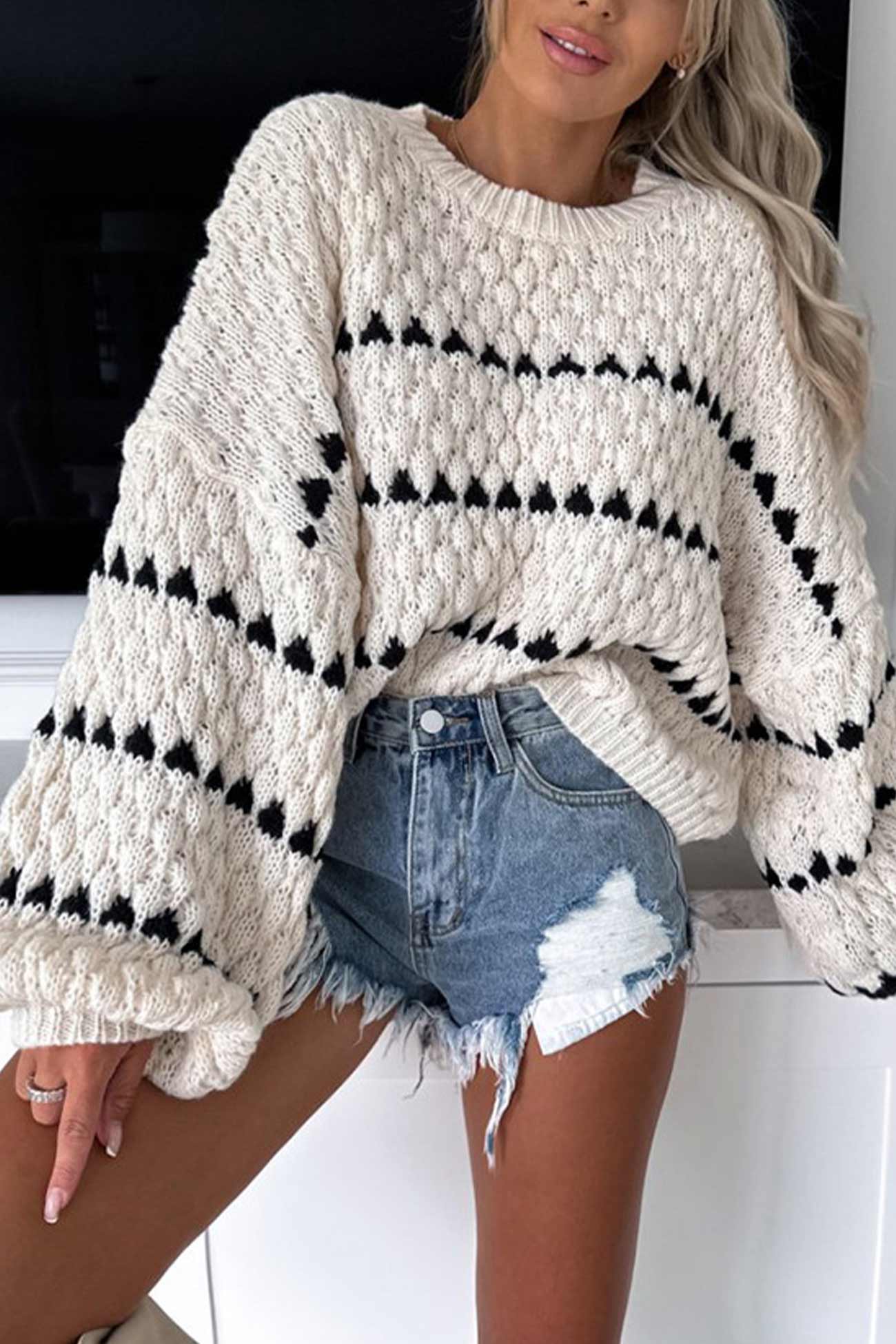 Striped Crew Neck Bat Sleeve Sweater