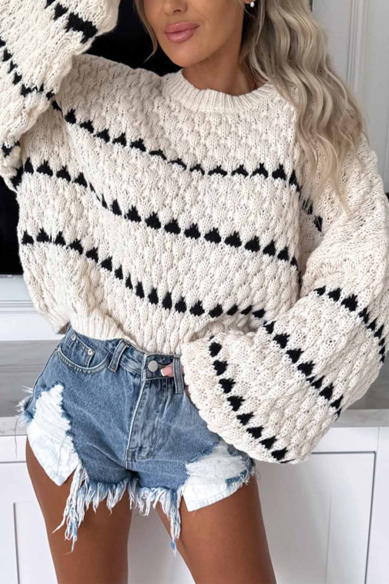 Striped Crew Neck Bat Sleeve Sweater