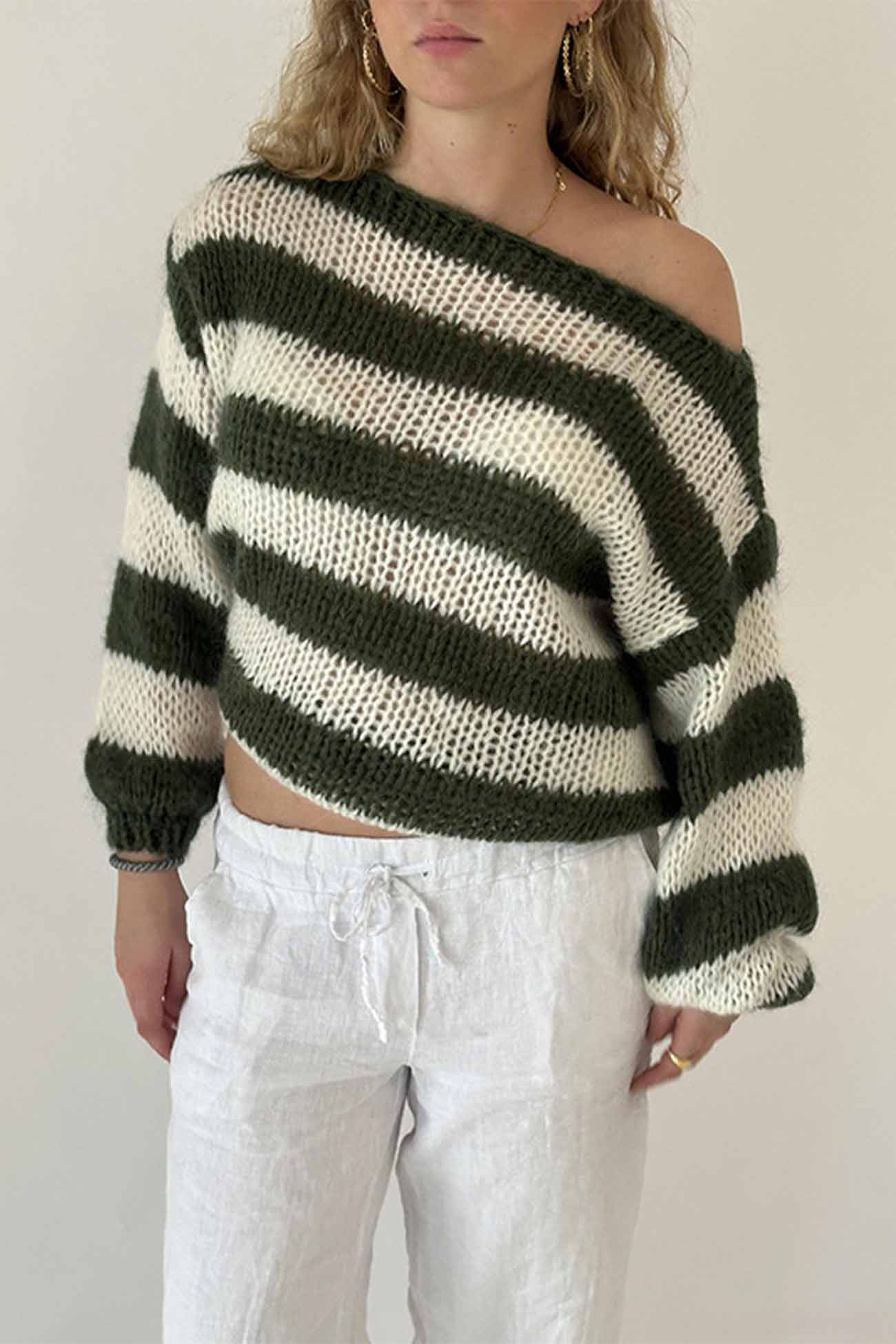 Striped Drop Shoulder Long Sleeve Knit Sweater