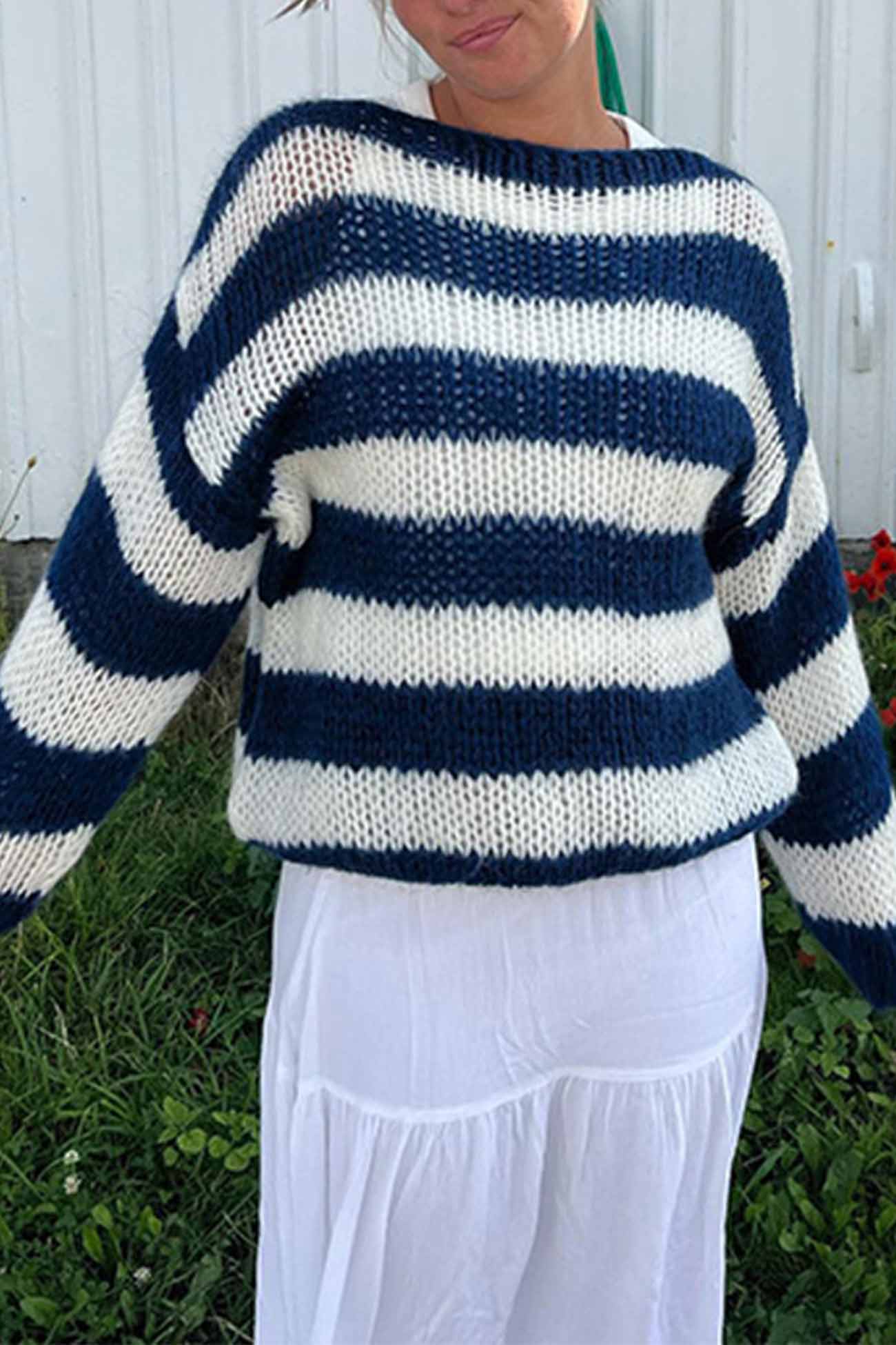 Striped Drop Shoulder Long Sleeve Knit Sweater