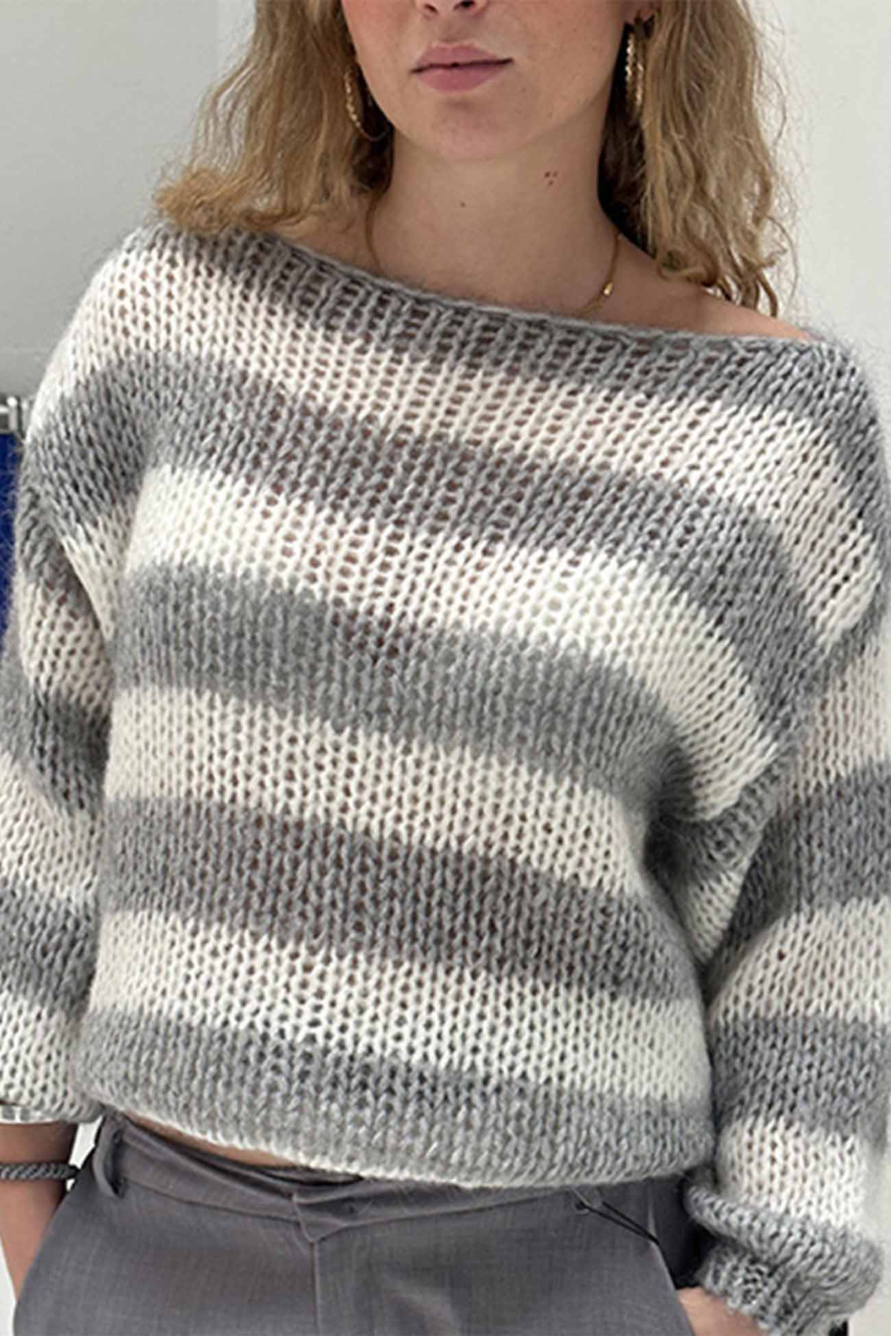 Striped Drop Shoulder Long Sleeve Knit Sweater