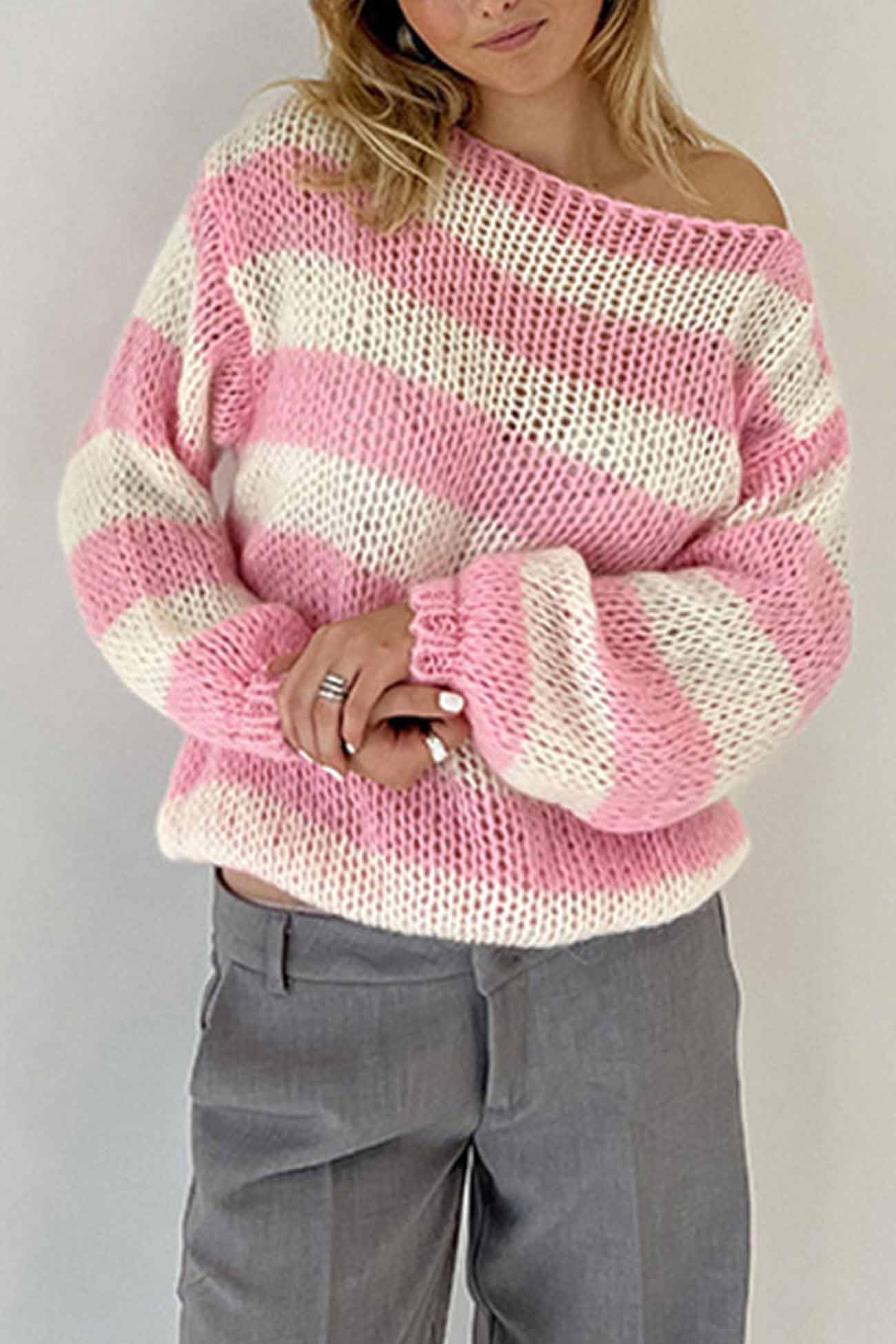 Striped Drop Shoulder Long Sleeve Knit Sweater