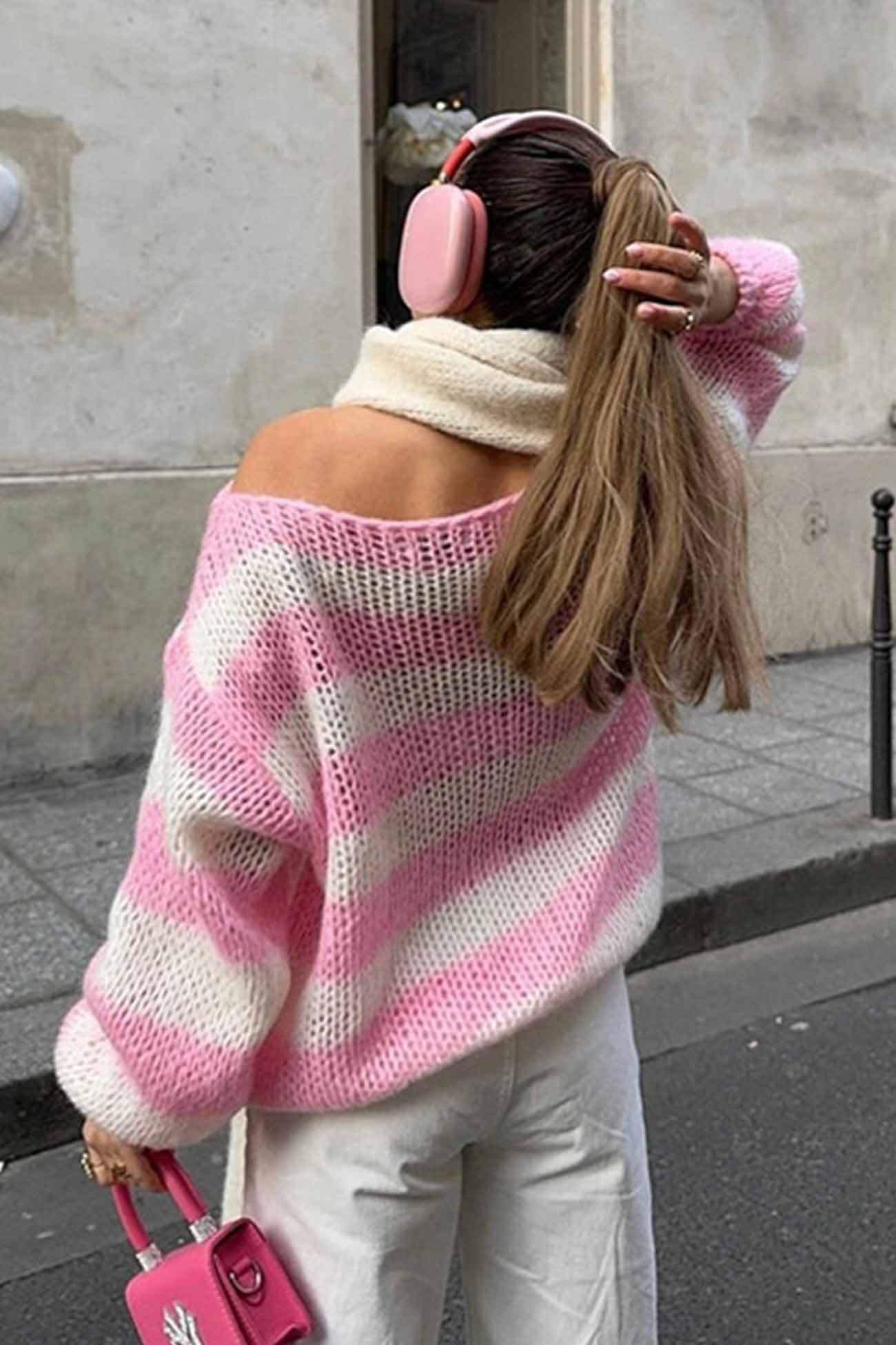 Striped Drop Shoulder Long Sleeve Knit Sweater