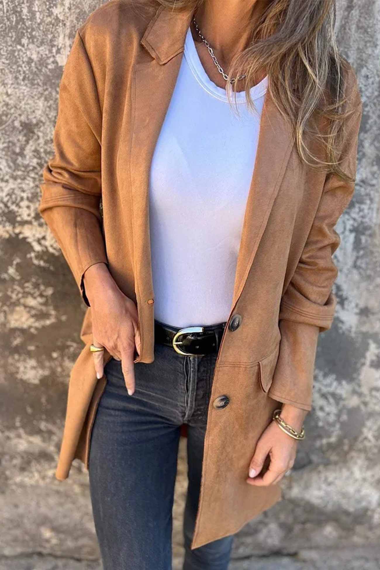 Suede Button Down Lapel Long Sleeve Jacket