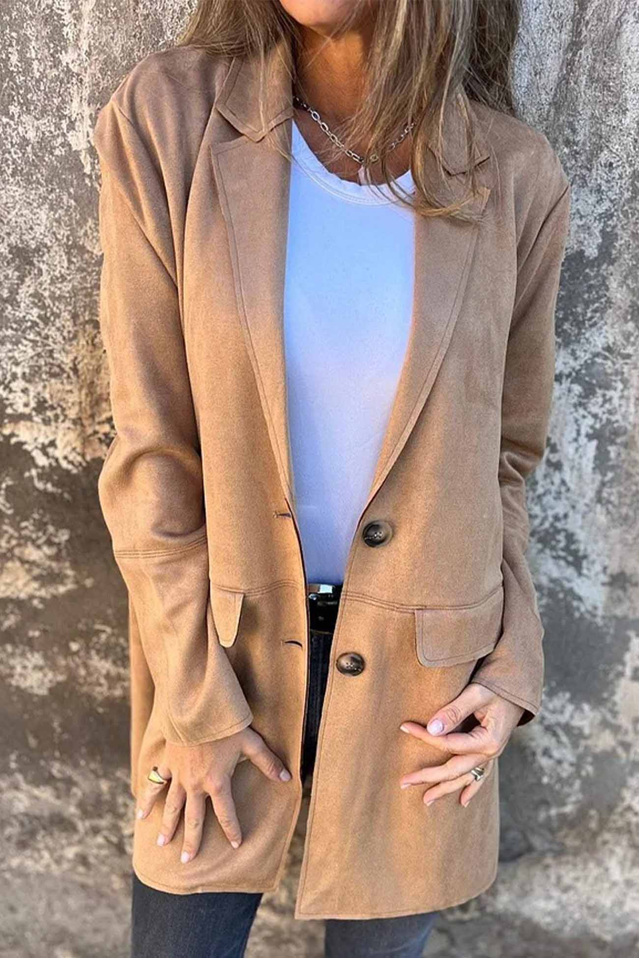 Suede Button Down Lapel Long Sleeve Jacket