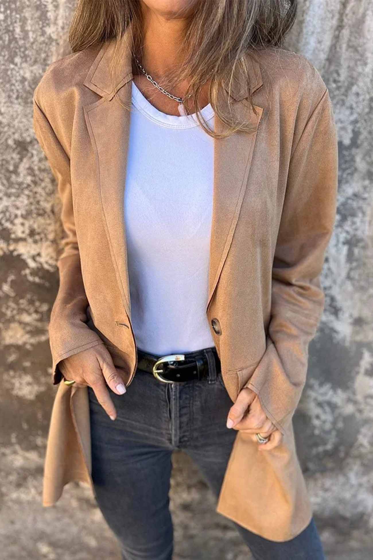 Suede Button Down Lapel Long Sleeve Jacket