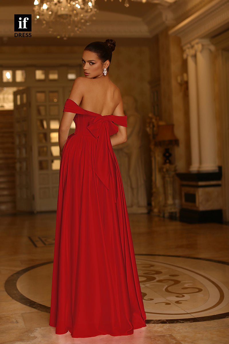 34736 - Chic Off Shoulder A-Line Bow-Knot Ruched Prom Evening Formal Dress