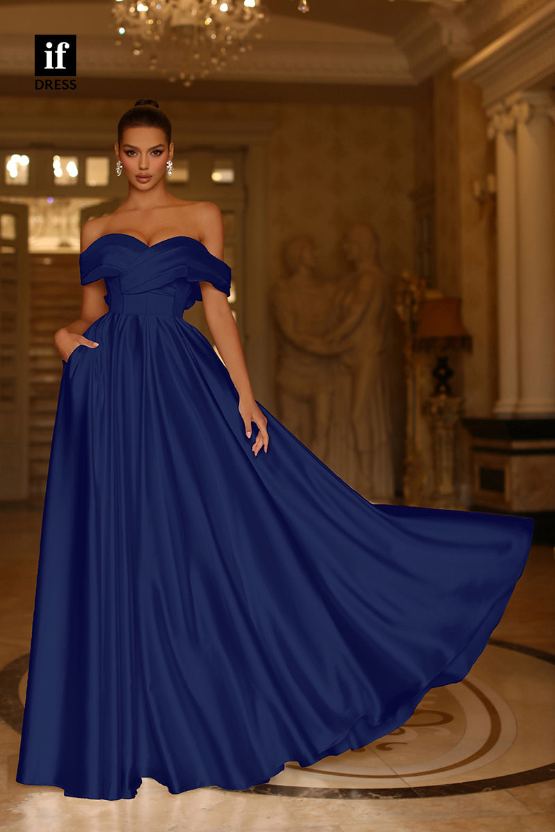 34736 - Chic Off Shoulder A-Line Bow-Knot Ruched Prom Evening Formal Dress