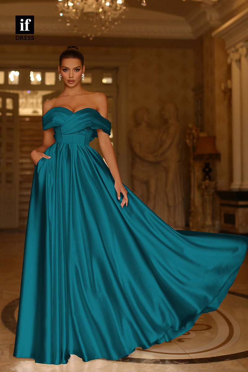 34736 - Chic Off Shoulder A-Line Bow-Knot Ruched Prom Evening Formal Dress