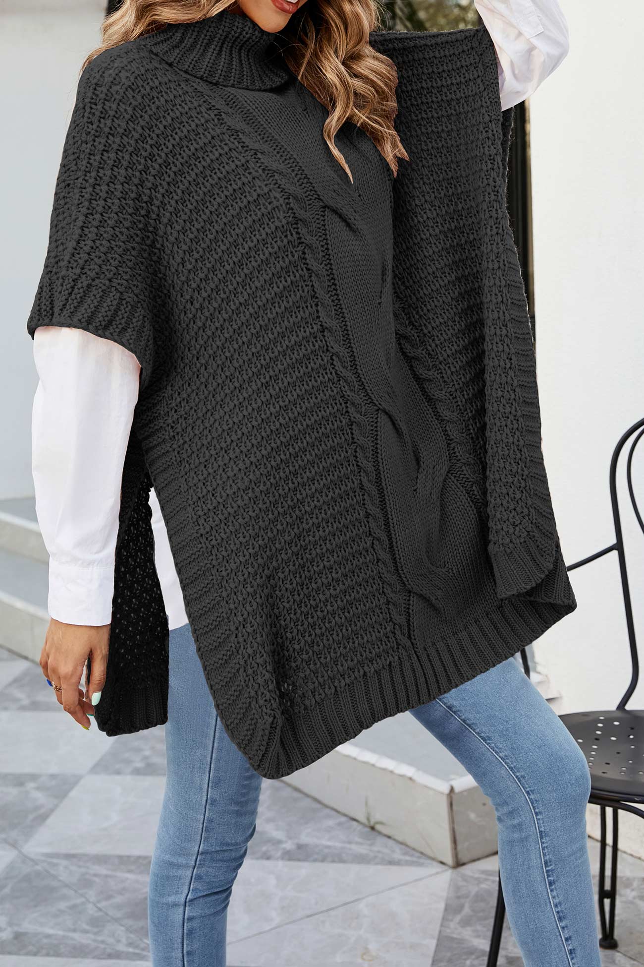 Turtleneck Cable Knit Shawl Sweater