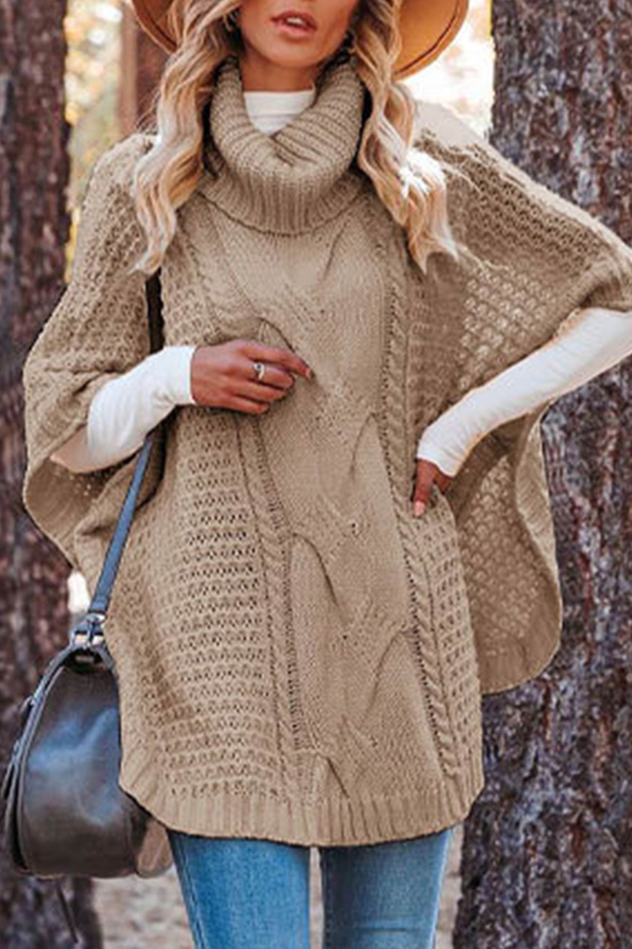 Turtleneck Cable Knit Shawl Sweater