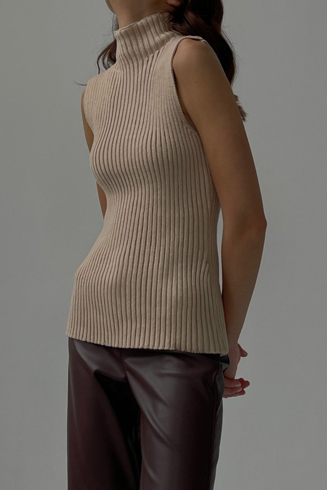 Turtleneck Sleeveless Ribbed Knit Sweater