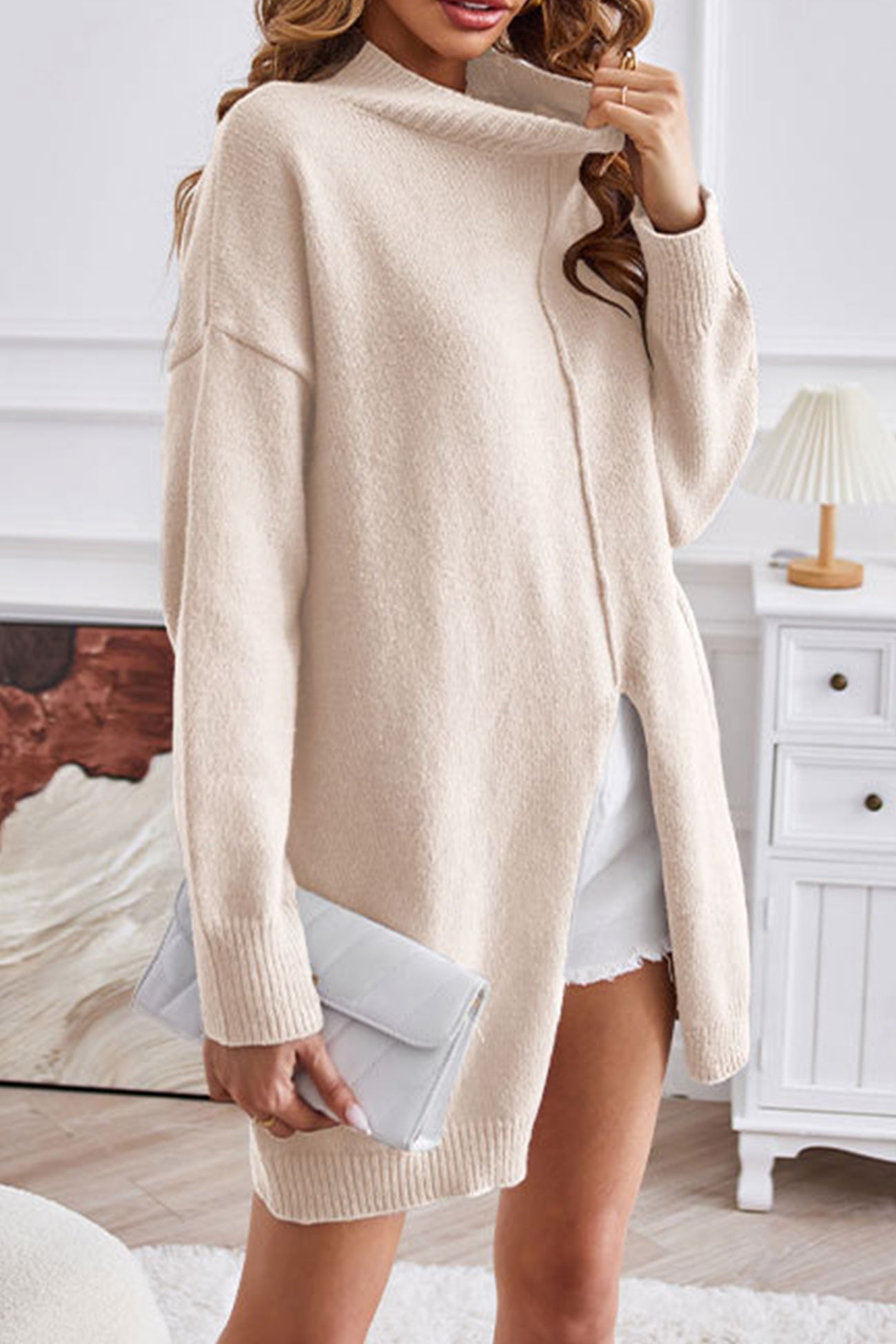 Turtleneck Slit-front Mid-Length Sweater