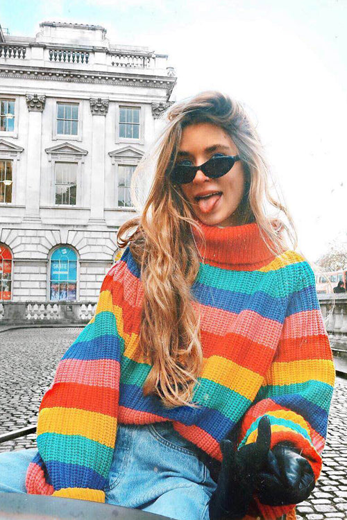 Travelling Light Rainbow Colorful High Neck Sweater