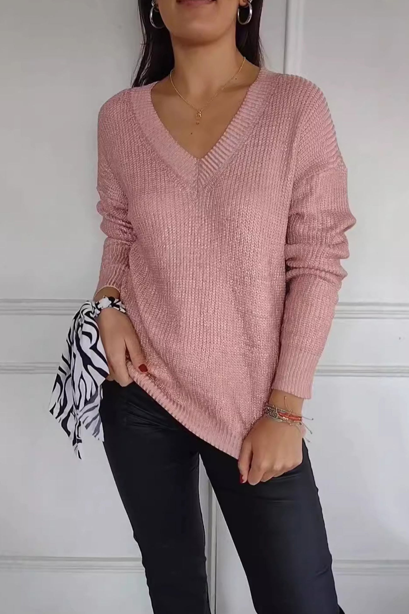 V Neck Bright Silk Pullover Sweater