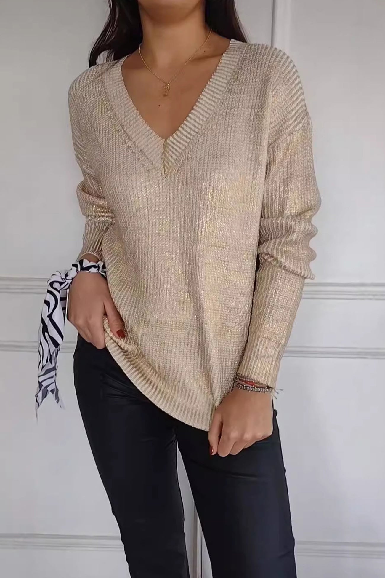 V Neck Bright Silk Pullover Sweater