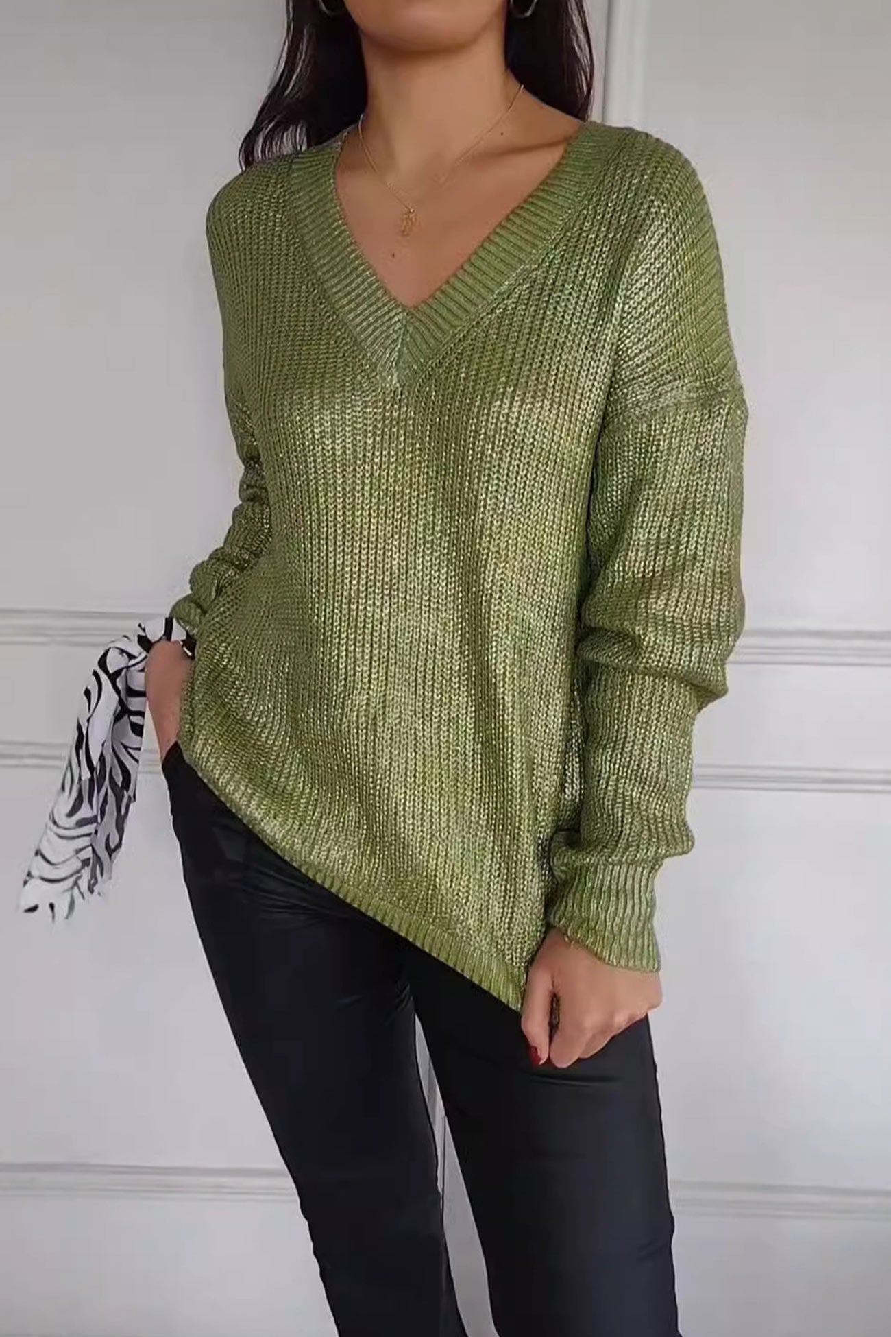 V Neck Bright Silk Pullover Sweater