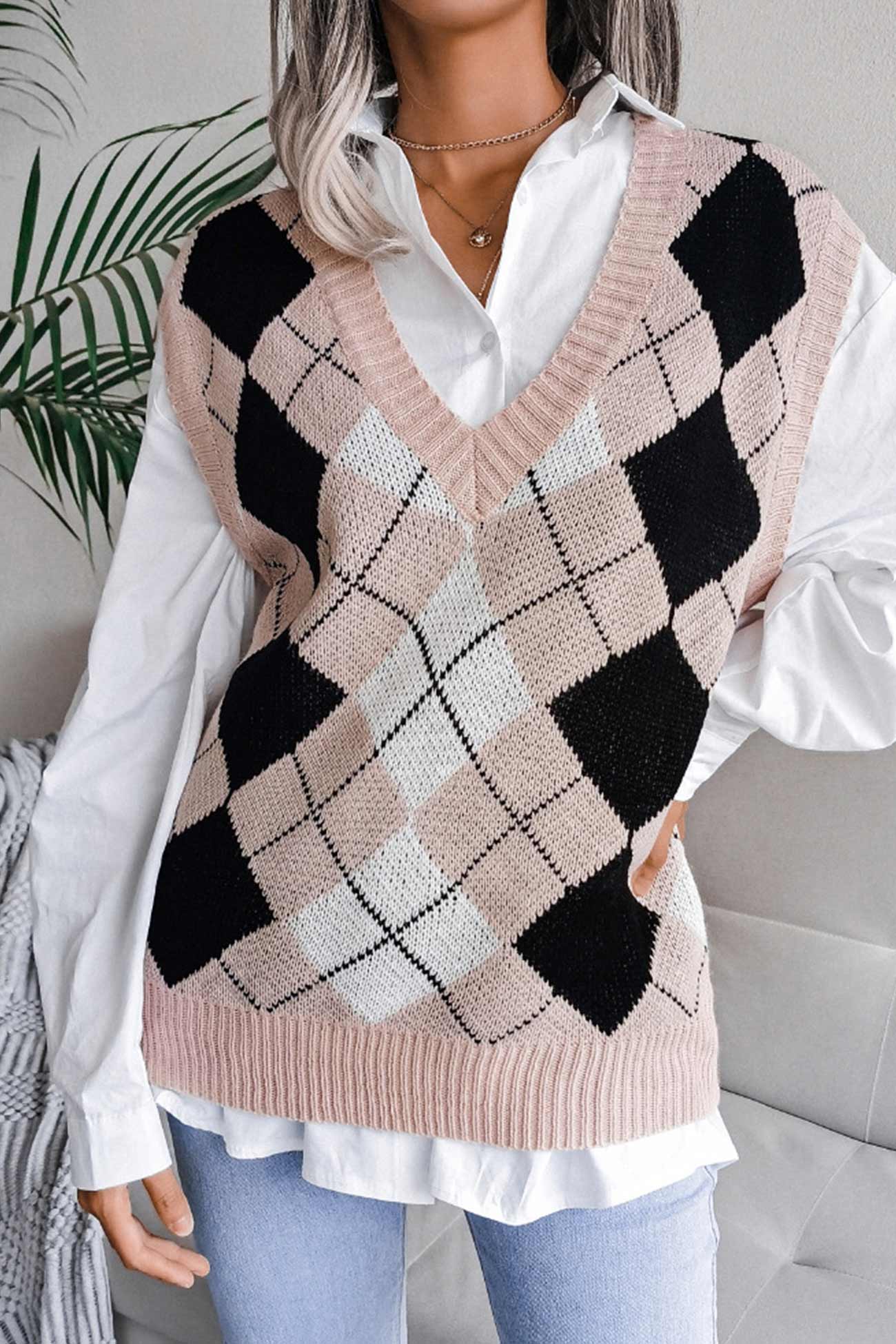 V Neck Checked Knit Tank Sweater