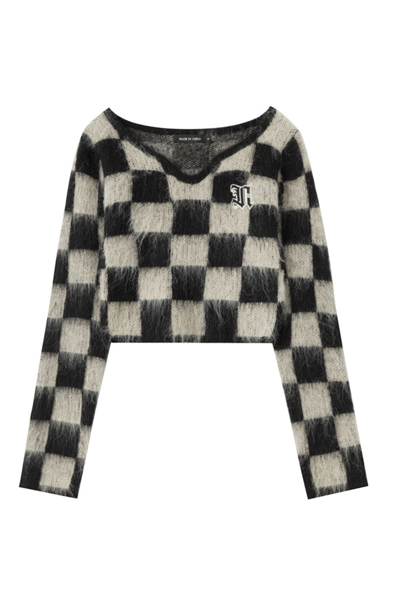 V Neck Mohair Checkerboard Sweater