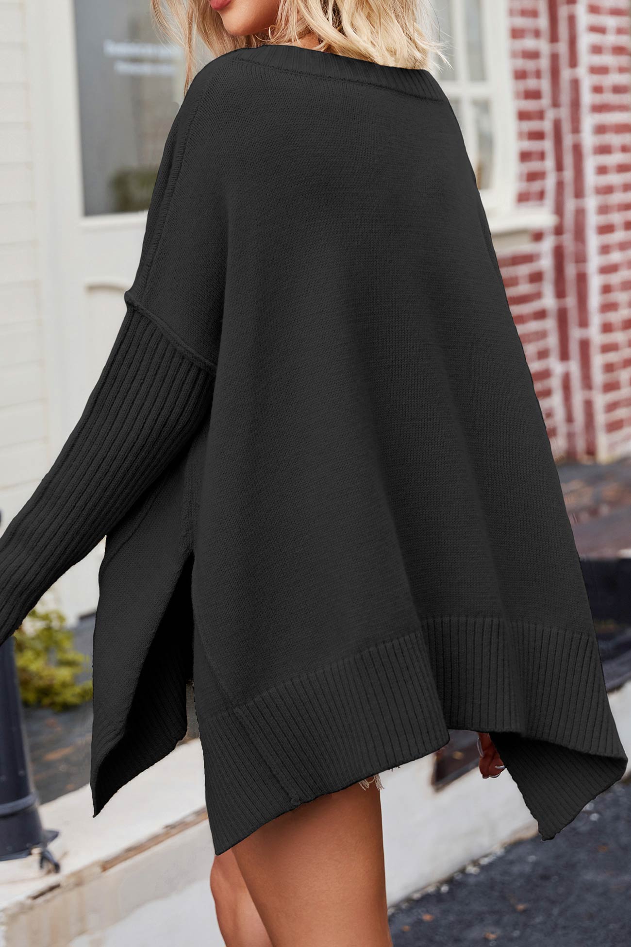 V Neck Side Slit Loose Pullover Sweater