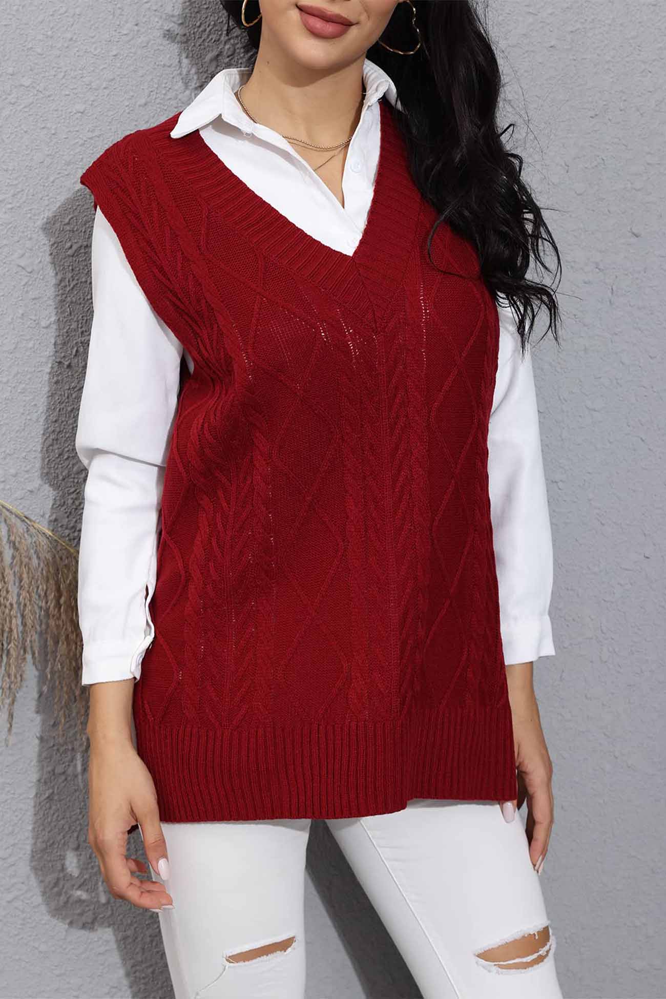 V Neck Sleeveless Plaid Cable Knit Tank Top Sweaters