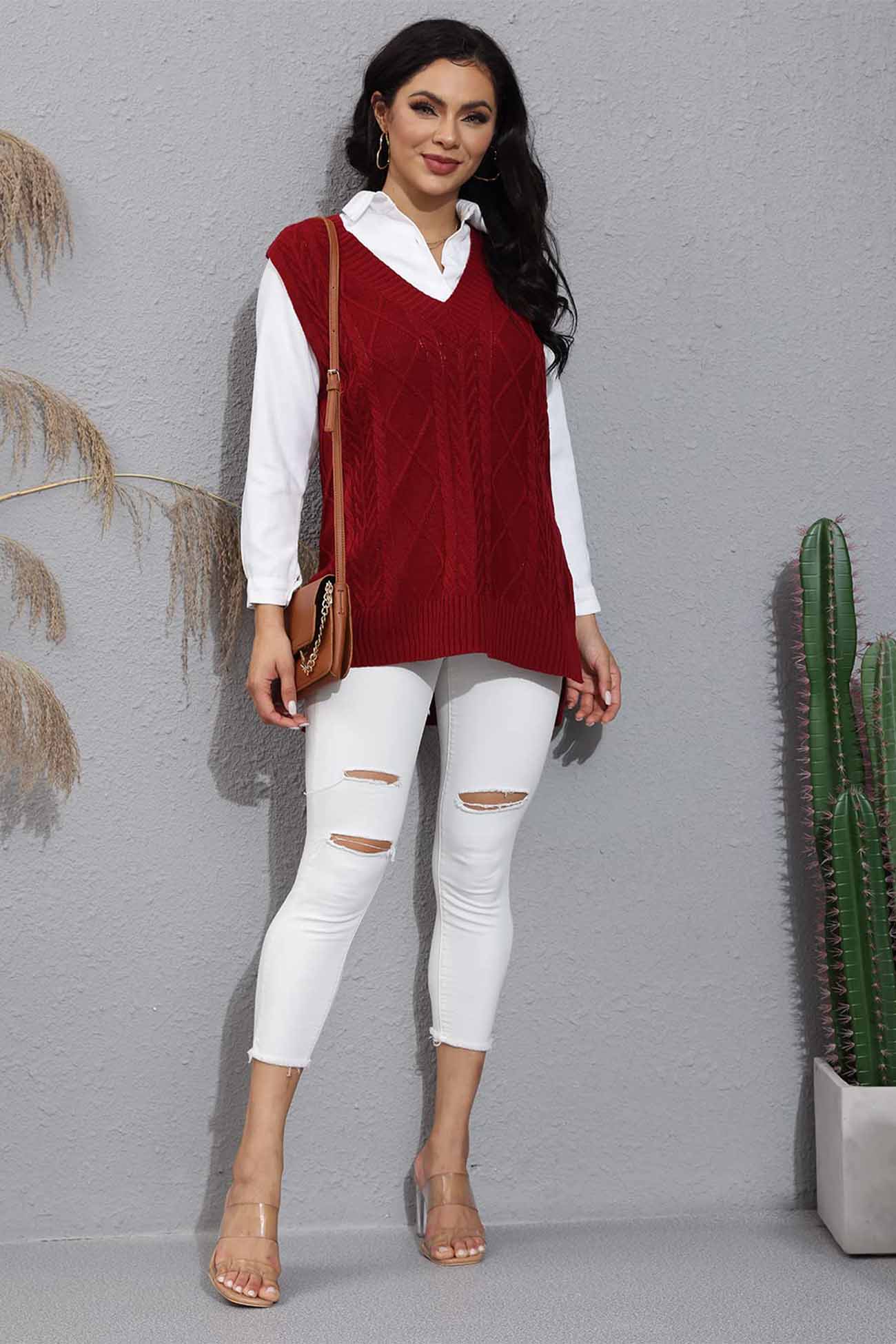 V Neck Sleeveless Plaid Cable Knit Tank Top Sweaters