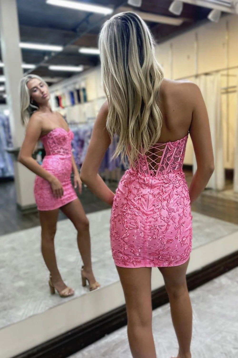 Fuchsia Homecoming Dress Sweetheart Lace Tight Short Prom Dress