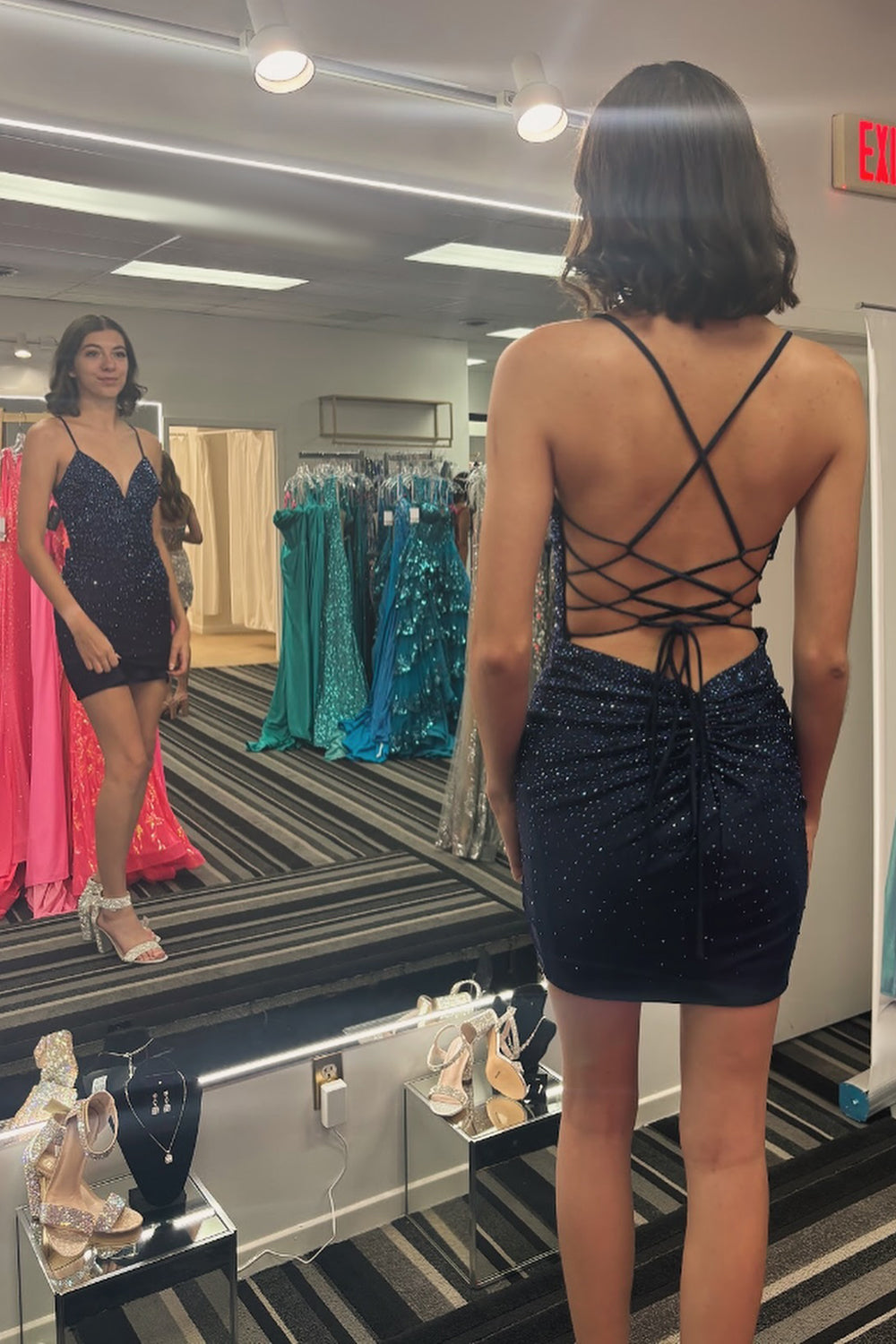 Royal Blue Homecoming Dress Spaghetti Straps Beaded Backless Tight Prom Dress