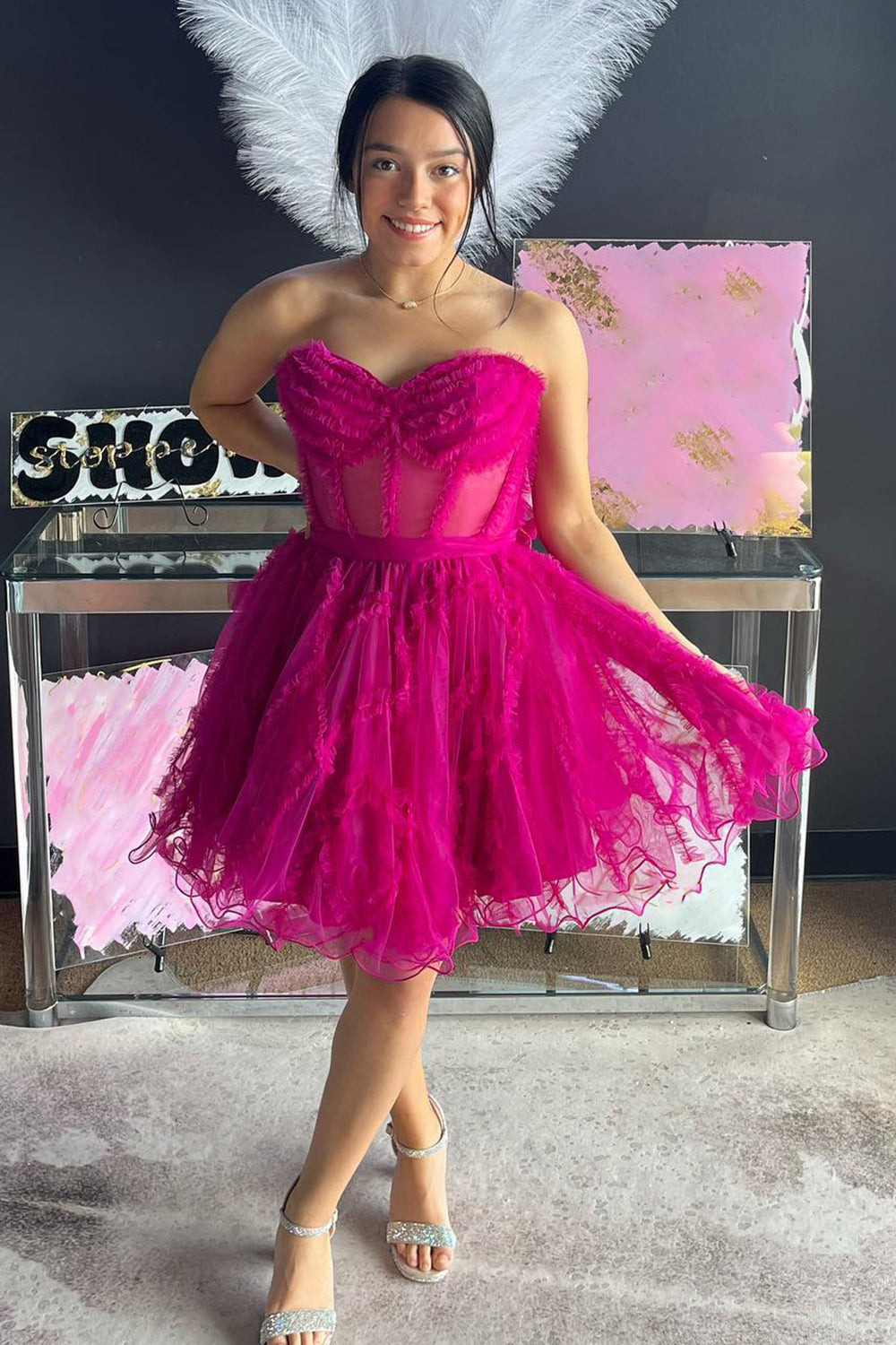 Fuchsia Homecoming Dress Corset Sweetheart A-Line Short Tulle Prom Dress