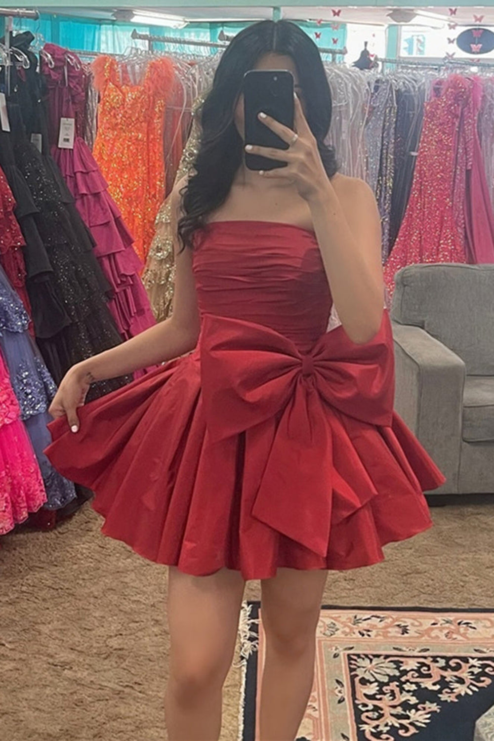 Red Homecoming Dress Strapless A-Line Satin Short Prom Dress with Bowknot