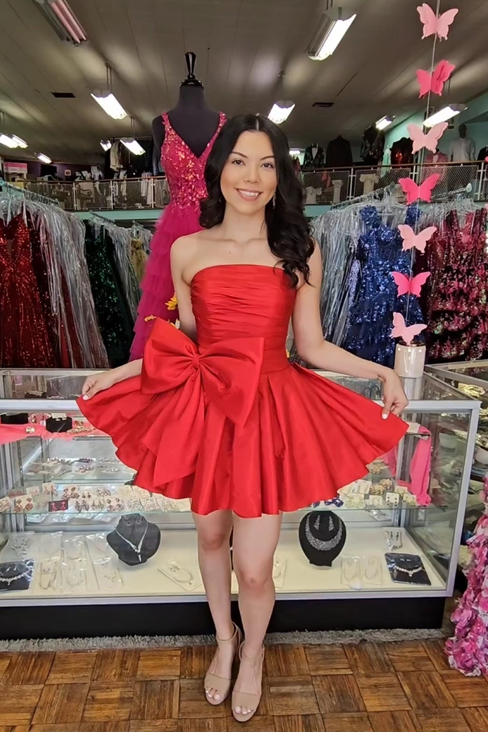 Red Homecoming Dress Strapless A Line Short Prom Dress with Bowknot