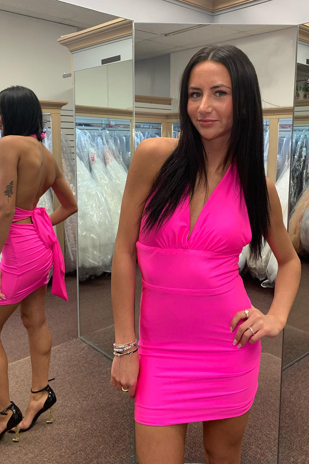 Simple Fuchsia Homecoming Dress Convertible Wear Satin Tight Short Prom Dress