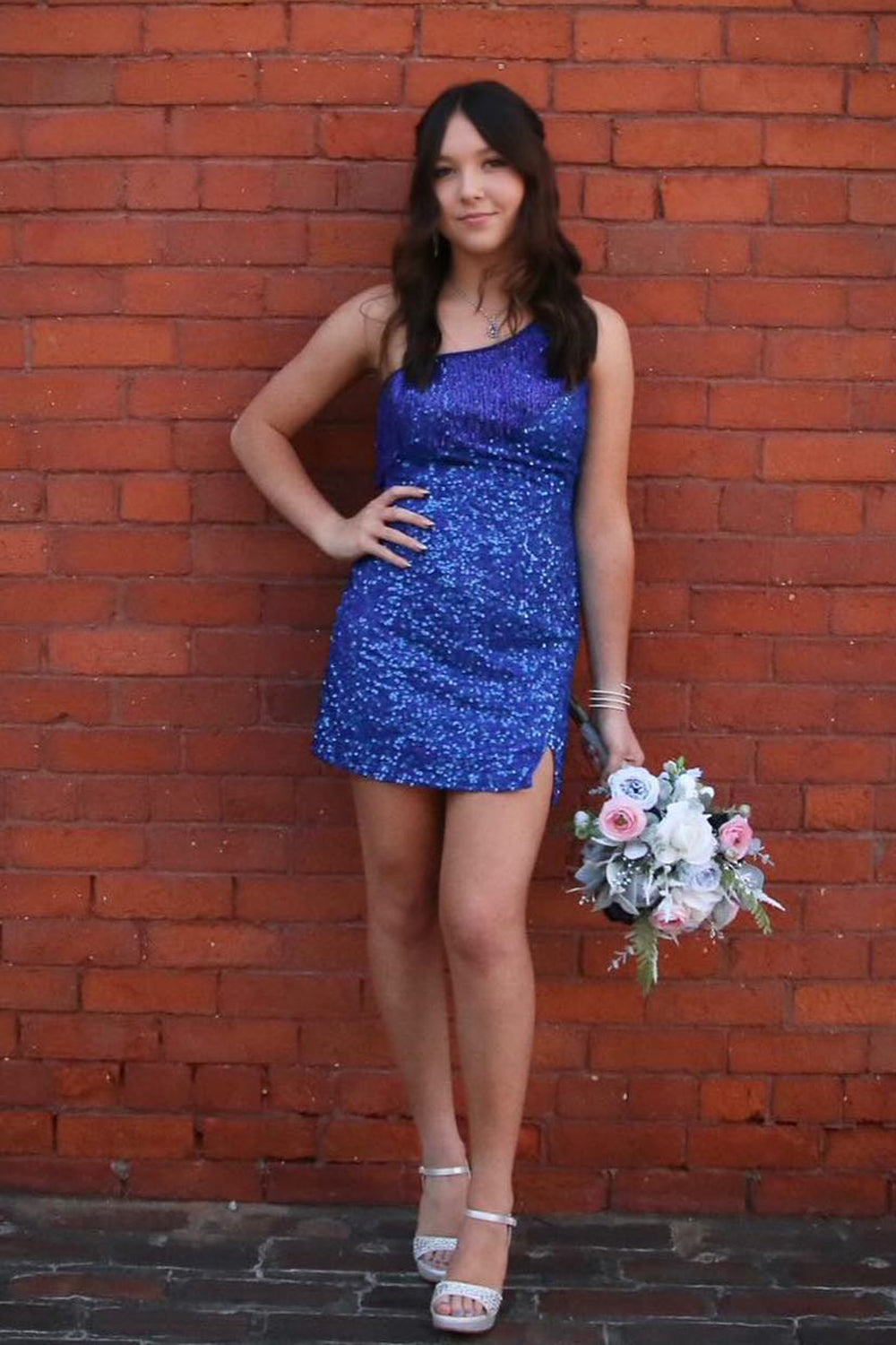 Blue Homecoming Dress Fringed One Shoulder Tight Sequin Short Prom Dress