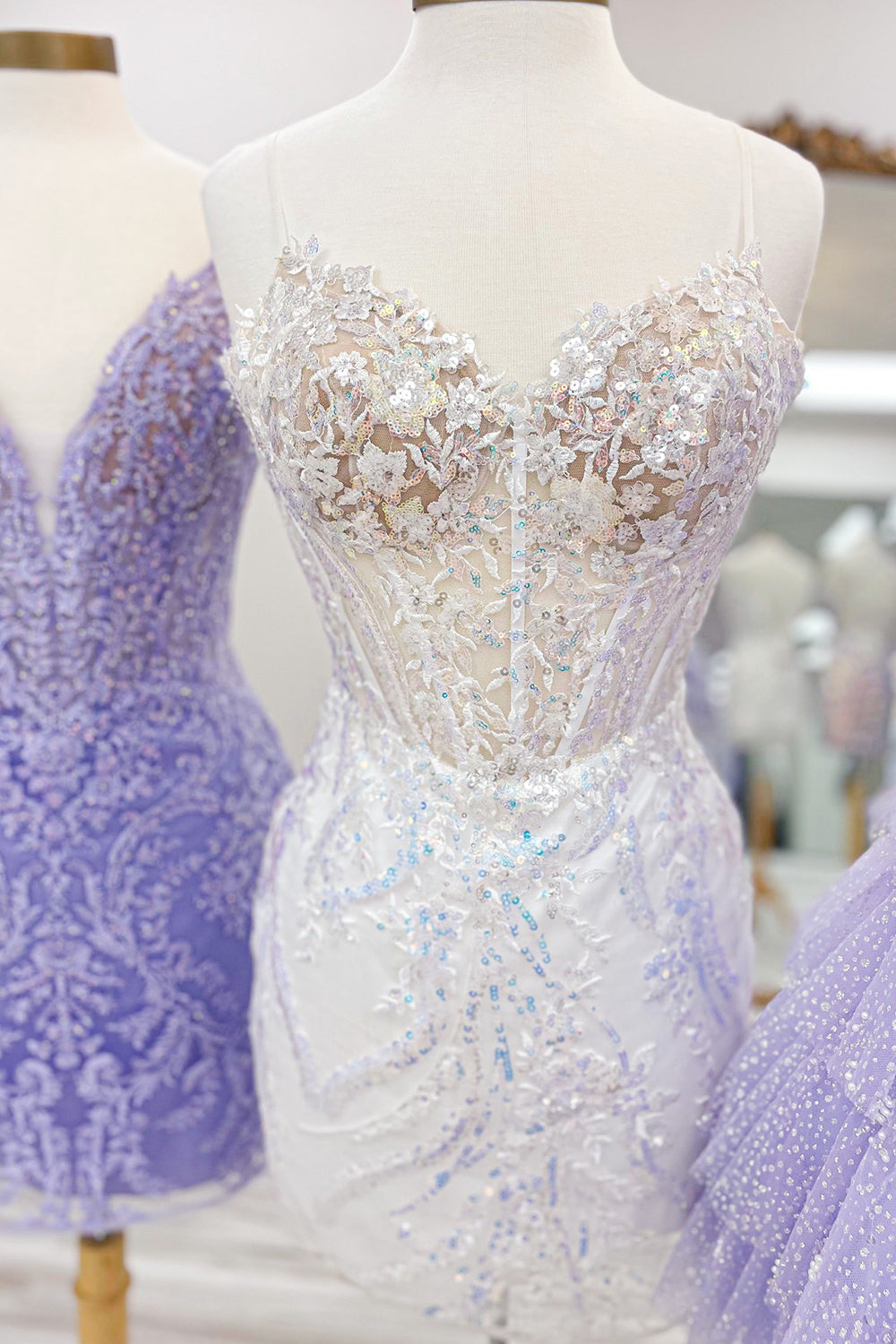 Glitter Lilac Homecoming Dress Corset Sequin Tight Short Prom Dress with Appliques