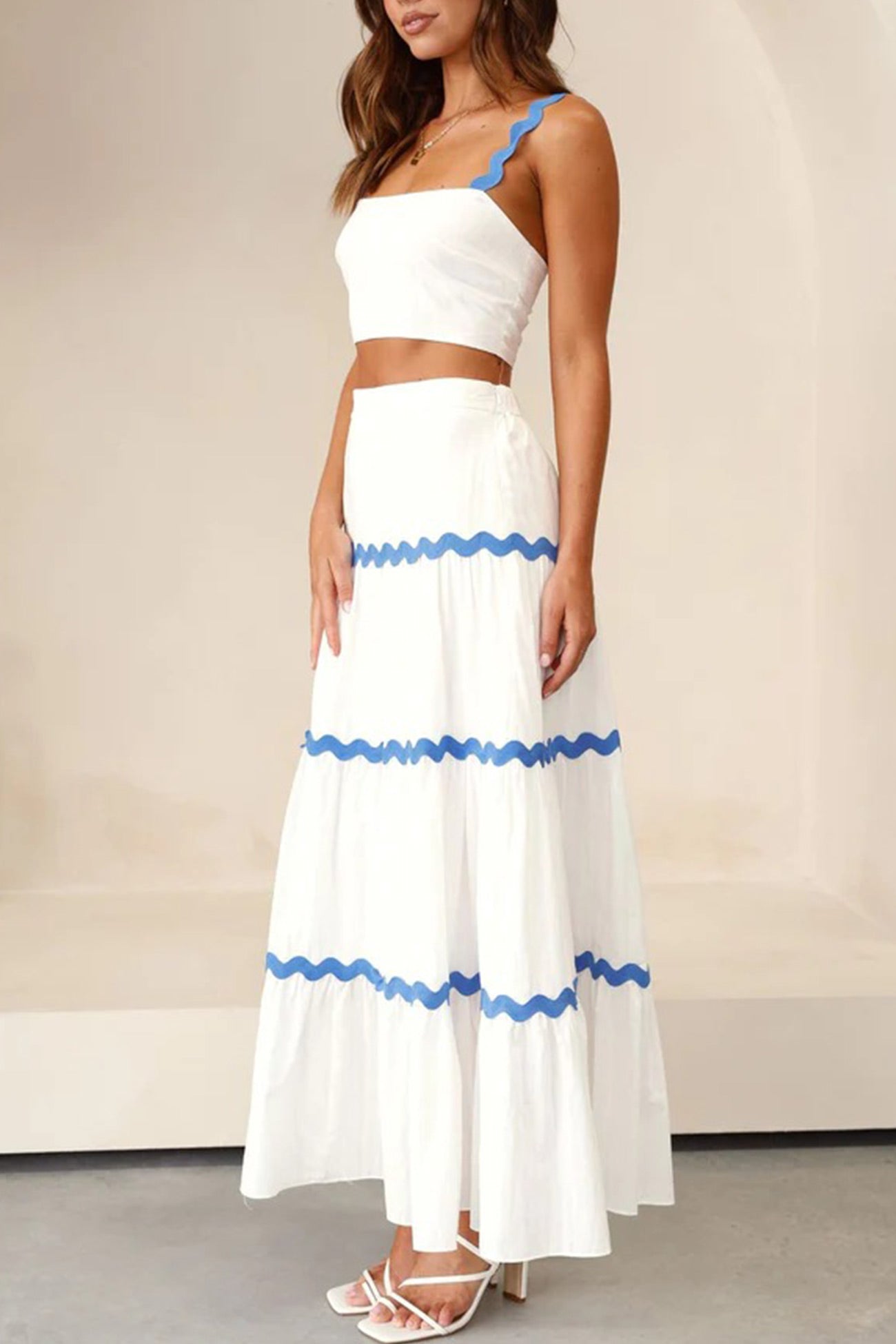 Wavy Cami Vest Tiered Midi Skirt Suits