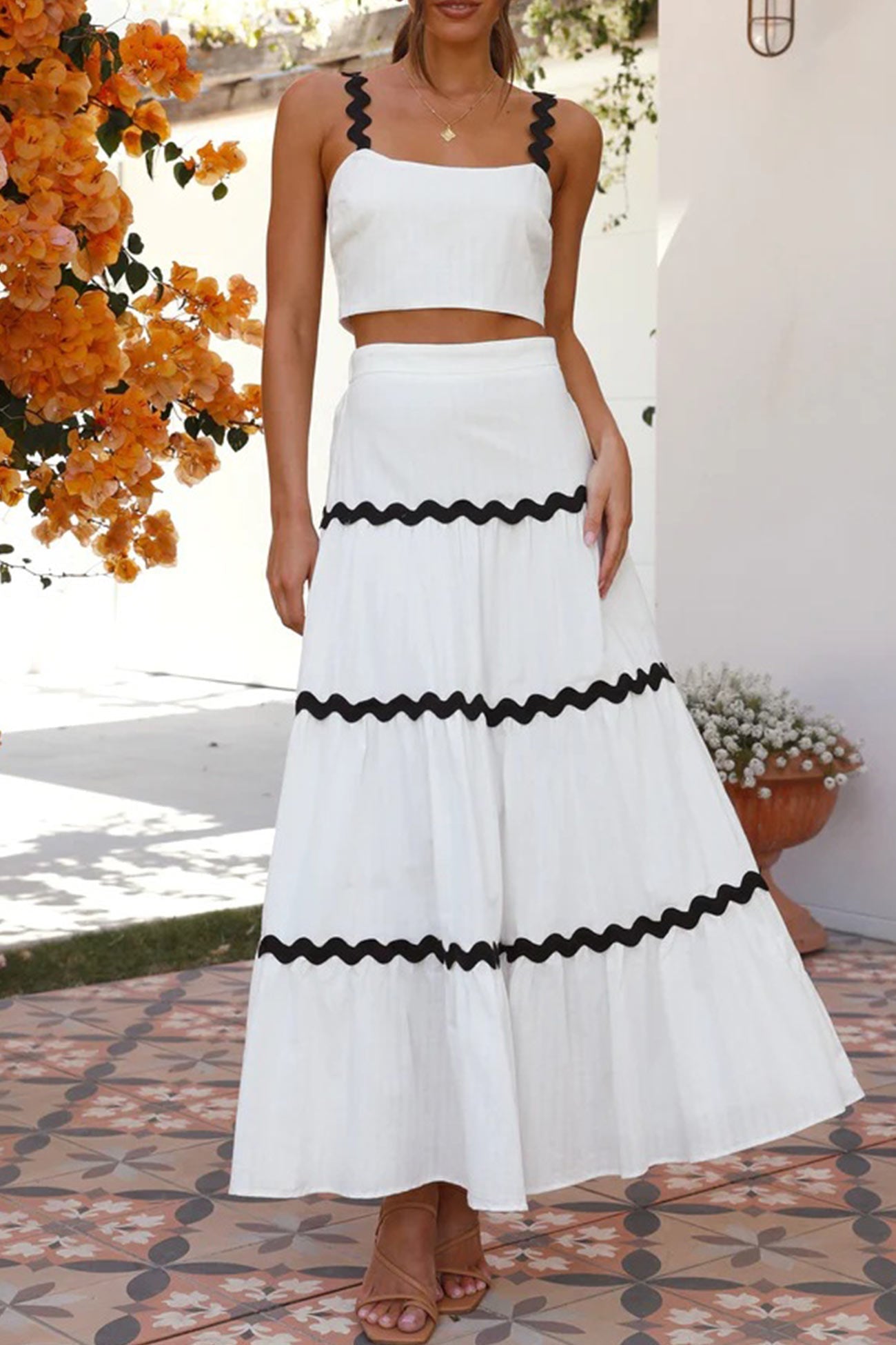 Wavy Cami Vest Tiered Midi Skirt Suits