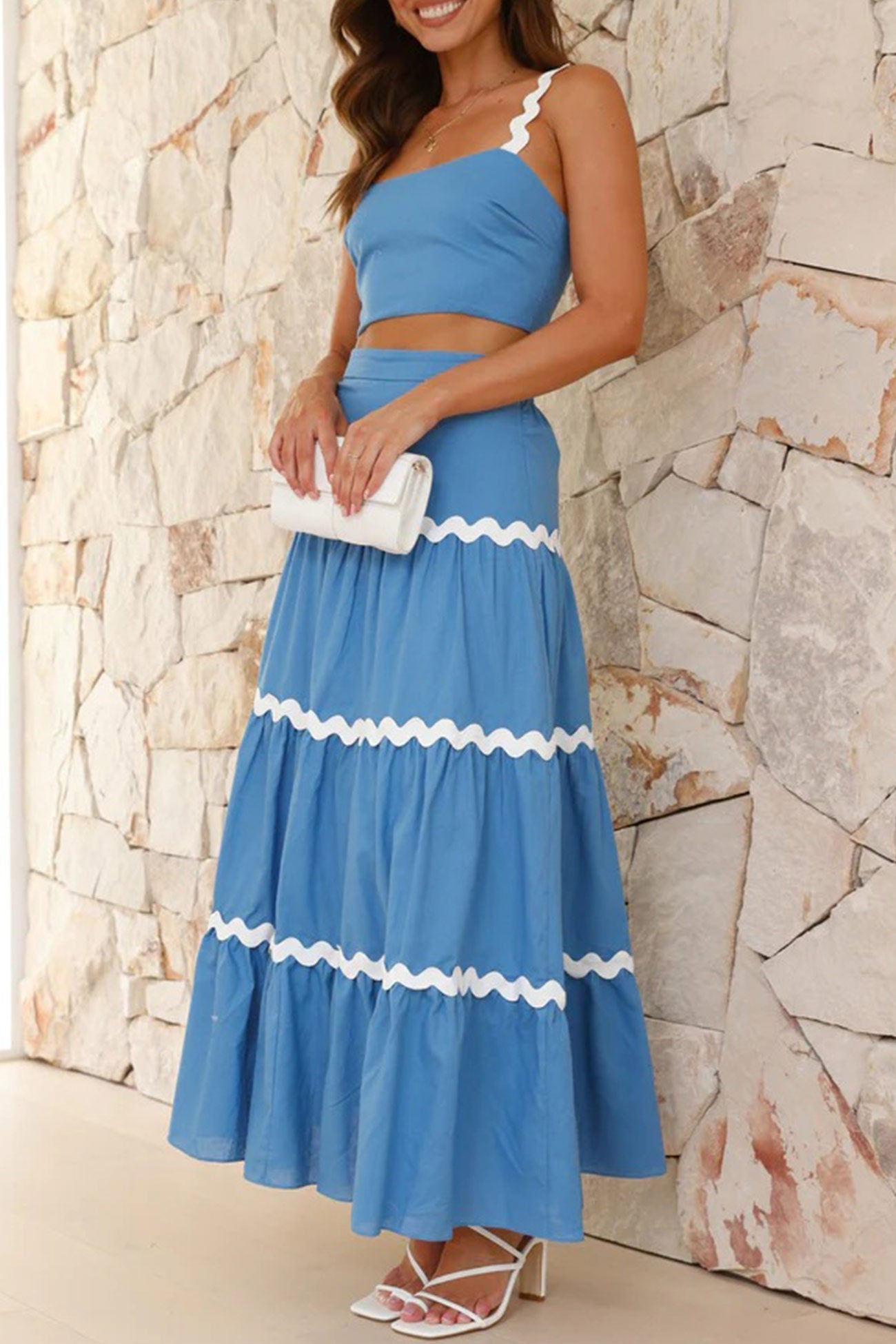 Wavy Cami Vest Tiered Midi Skirt Suits