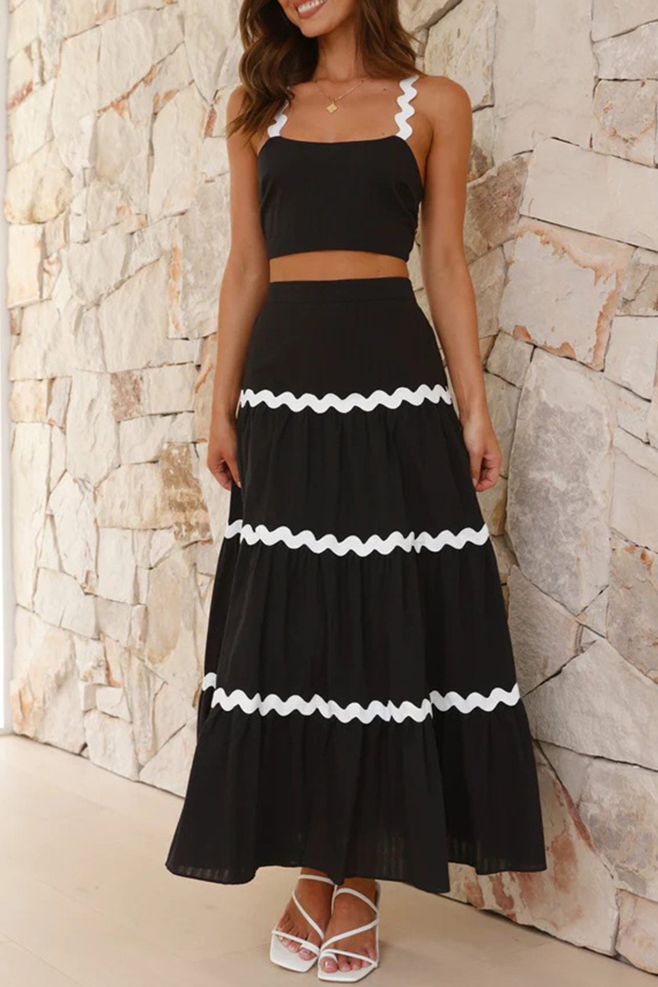 Wavy Cami Vest Tiered Midi Skirt Suits