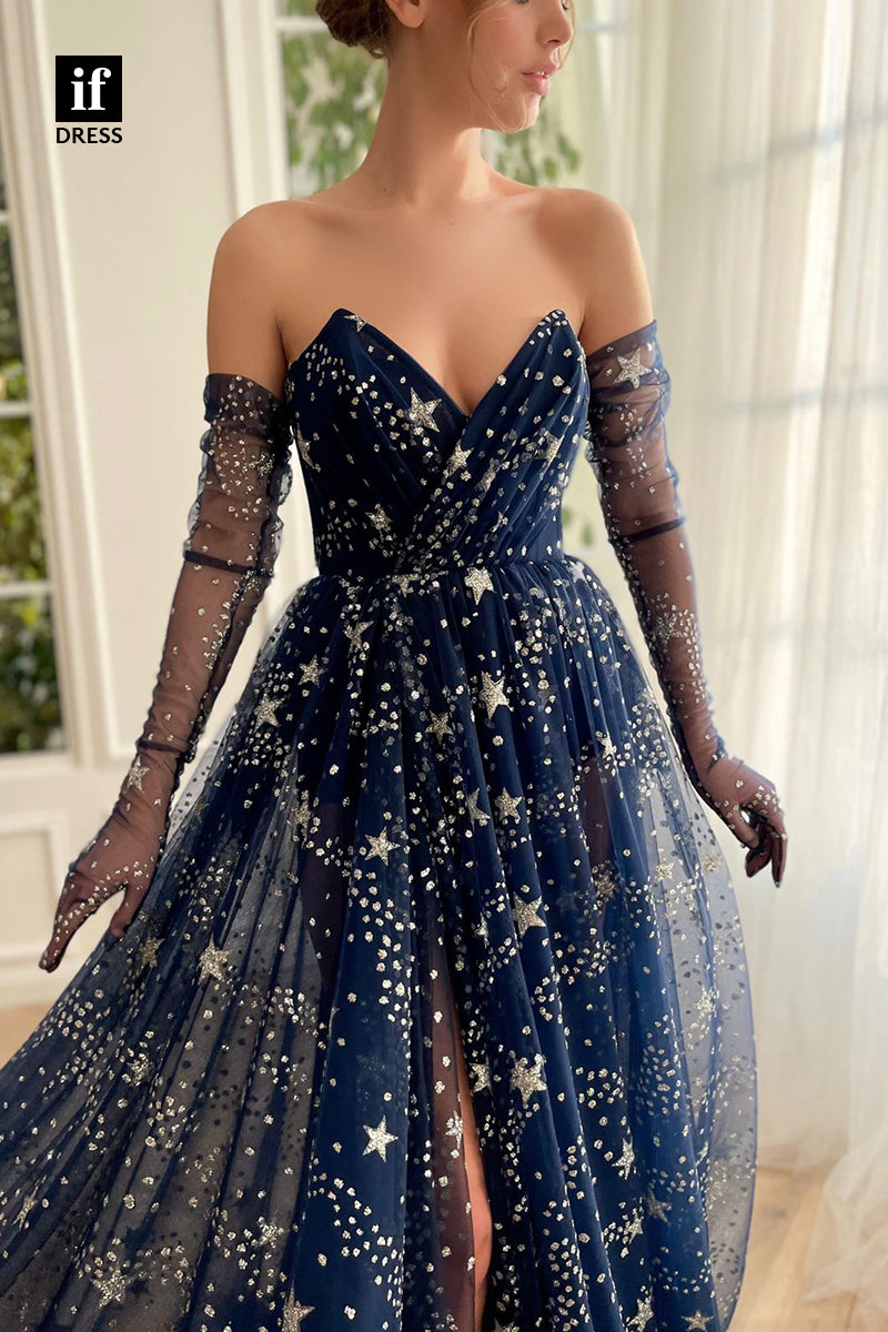 34006 - Romantic Off-Shoulder V-Neck Long Sleeves Printed Prom Formal Gown with Split