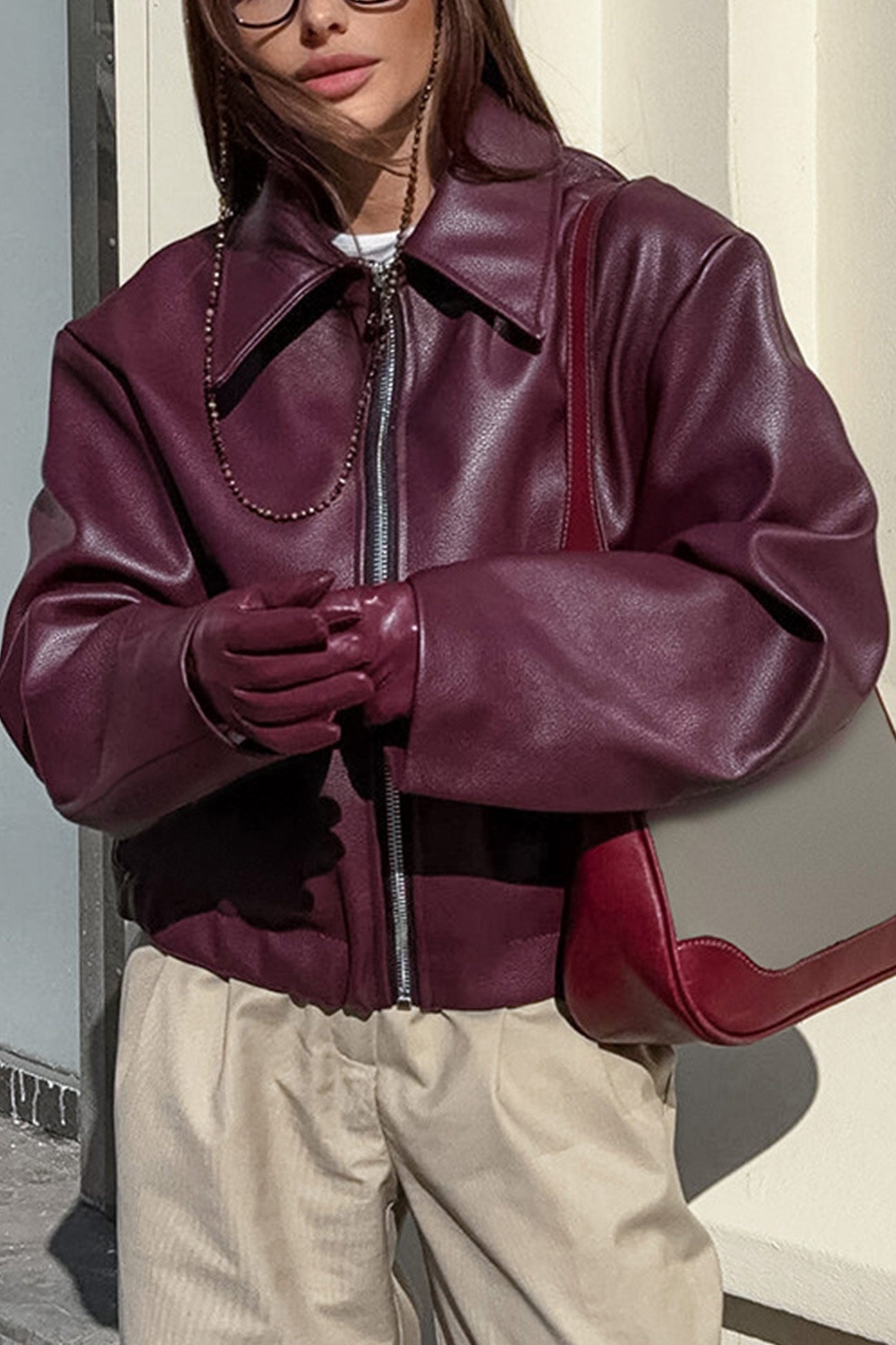 Wine Red Zip-up PU Jacket