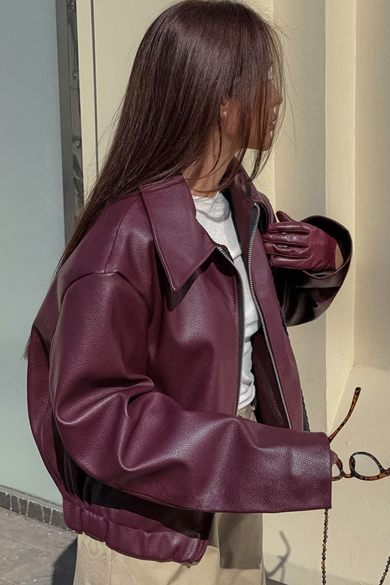 Wine Red Zip-up PU Jacket