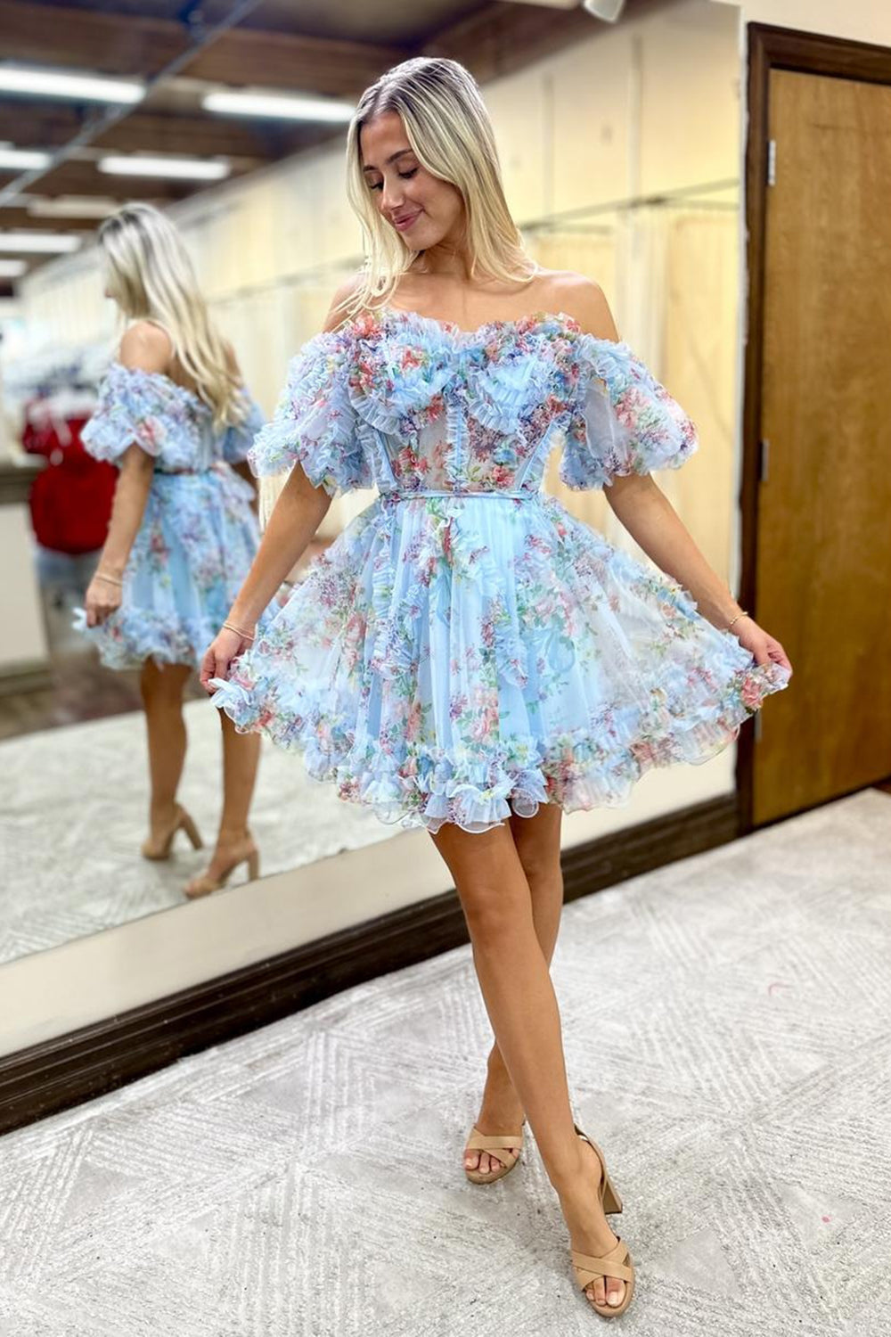 Off the Shoulder Prom Dress with Floral Print