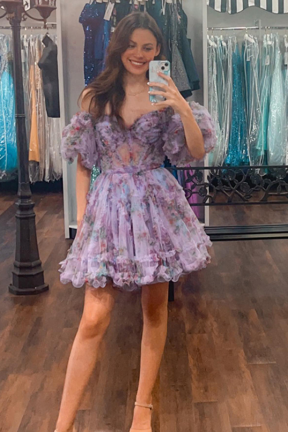 Purple Homecoming Dress Floral A-Line Short Prom Dress