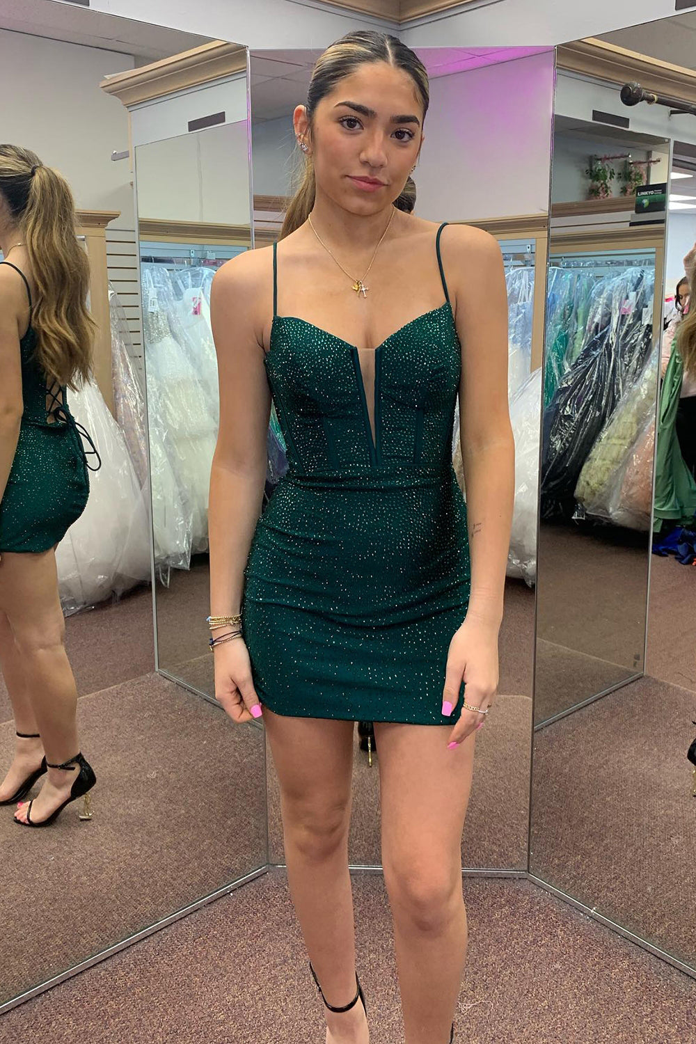 Dark Green Homecoming Dress Corset Beaded Tight Short Prom Dress