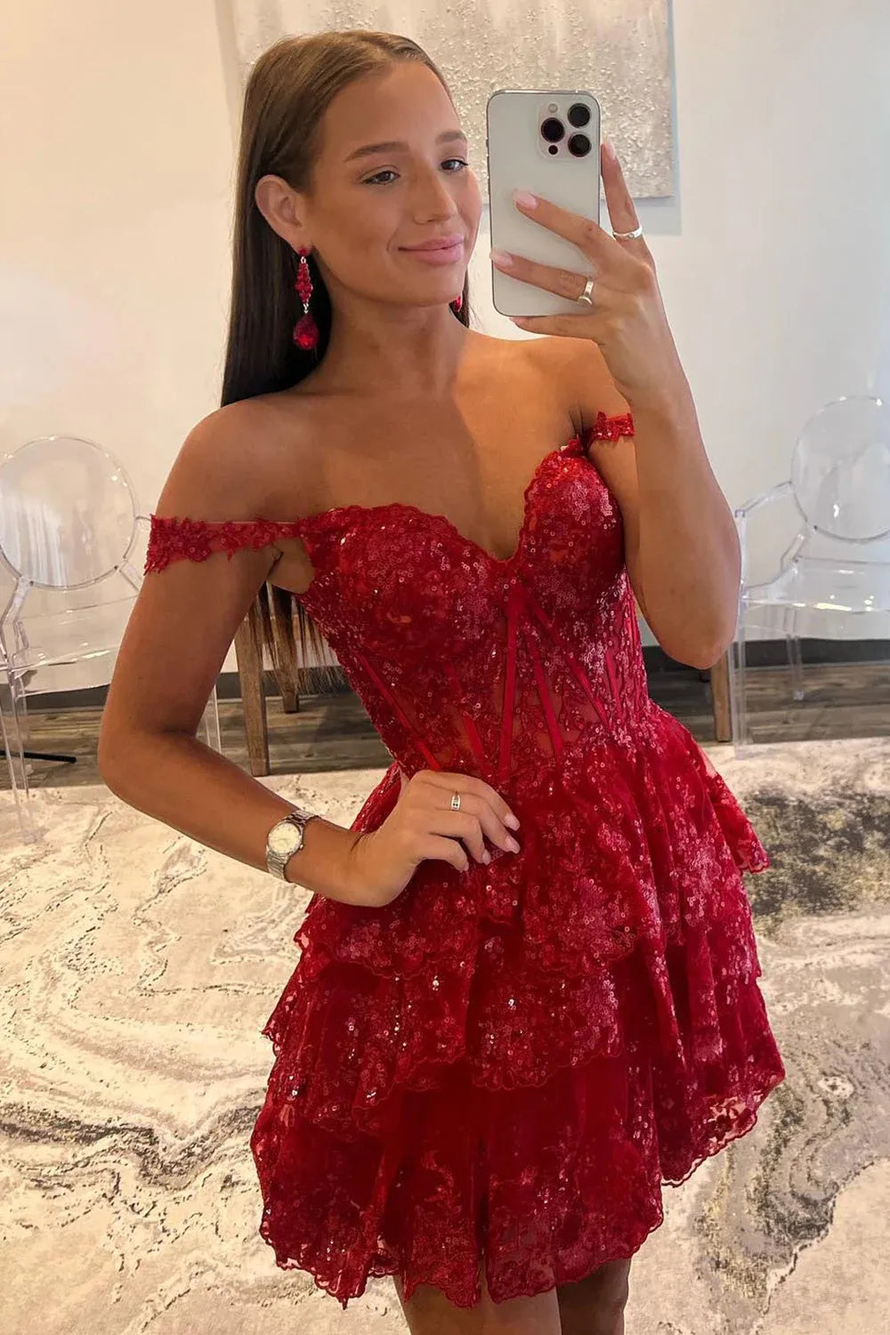 Red Homecoming Dress Corset Tiered Lace A-Line Short Prom Dress