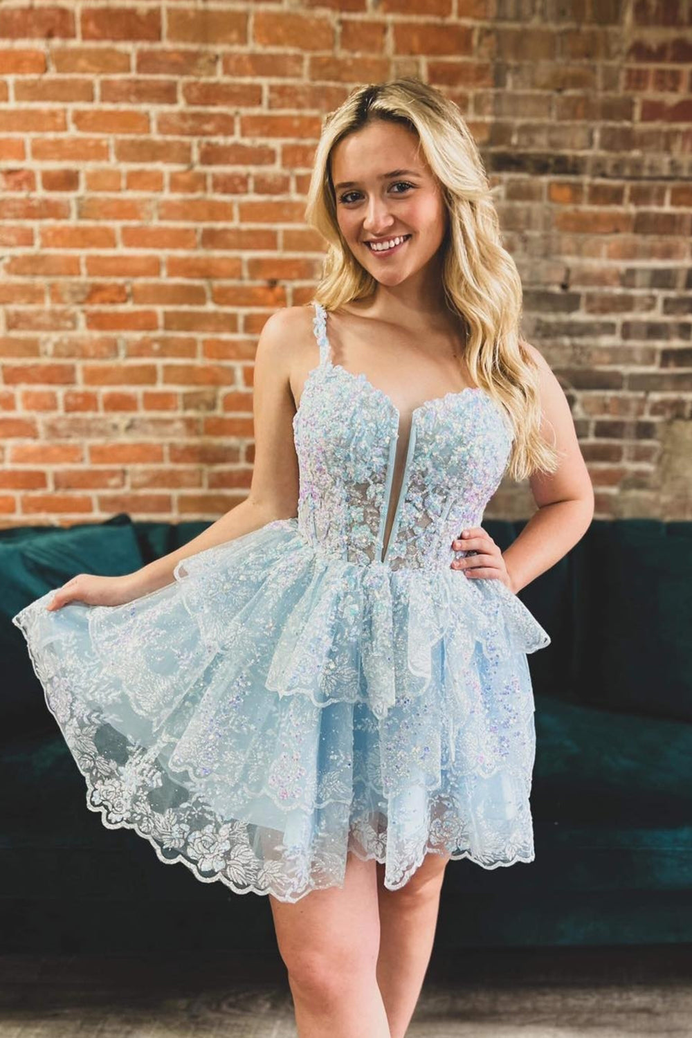 Blue Homecoming Dress Sequin Corset Short Prom Dress With Ruffles